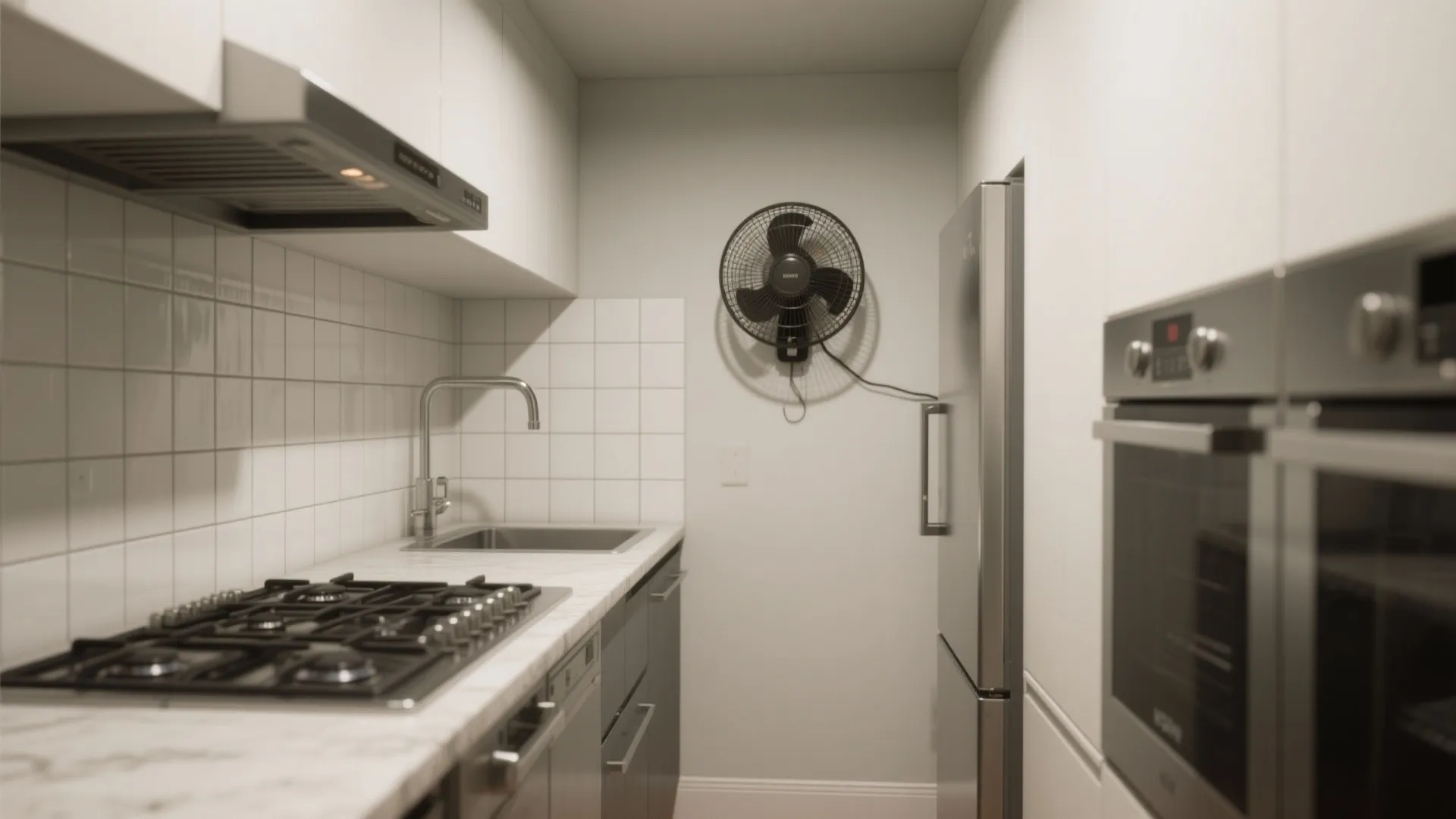 Modern narrow kitchen with gas stove, white tiles, metal sink, wall fan, refrigerator, and ovens