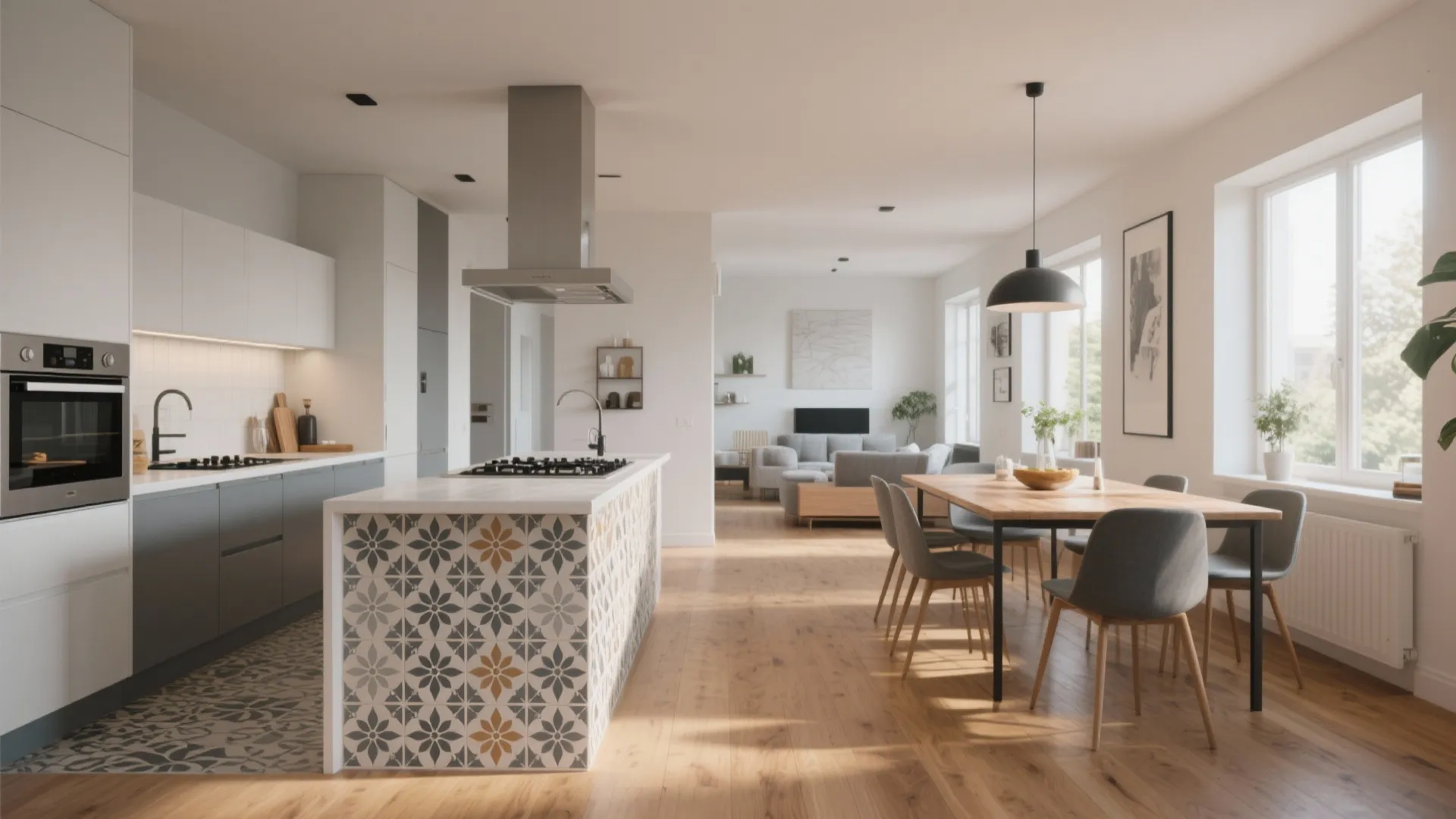 Modern kitchen with island featuring pattern tiles wooden floor dining table and grey chairs layout