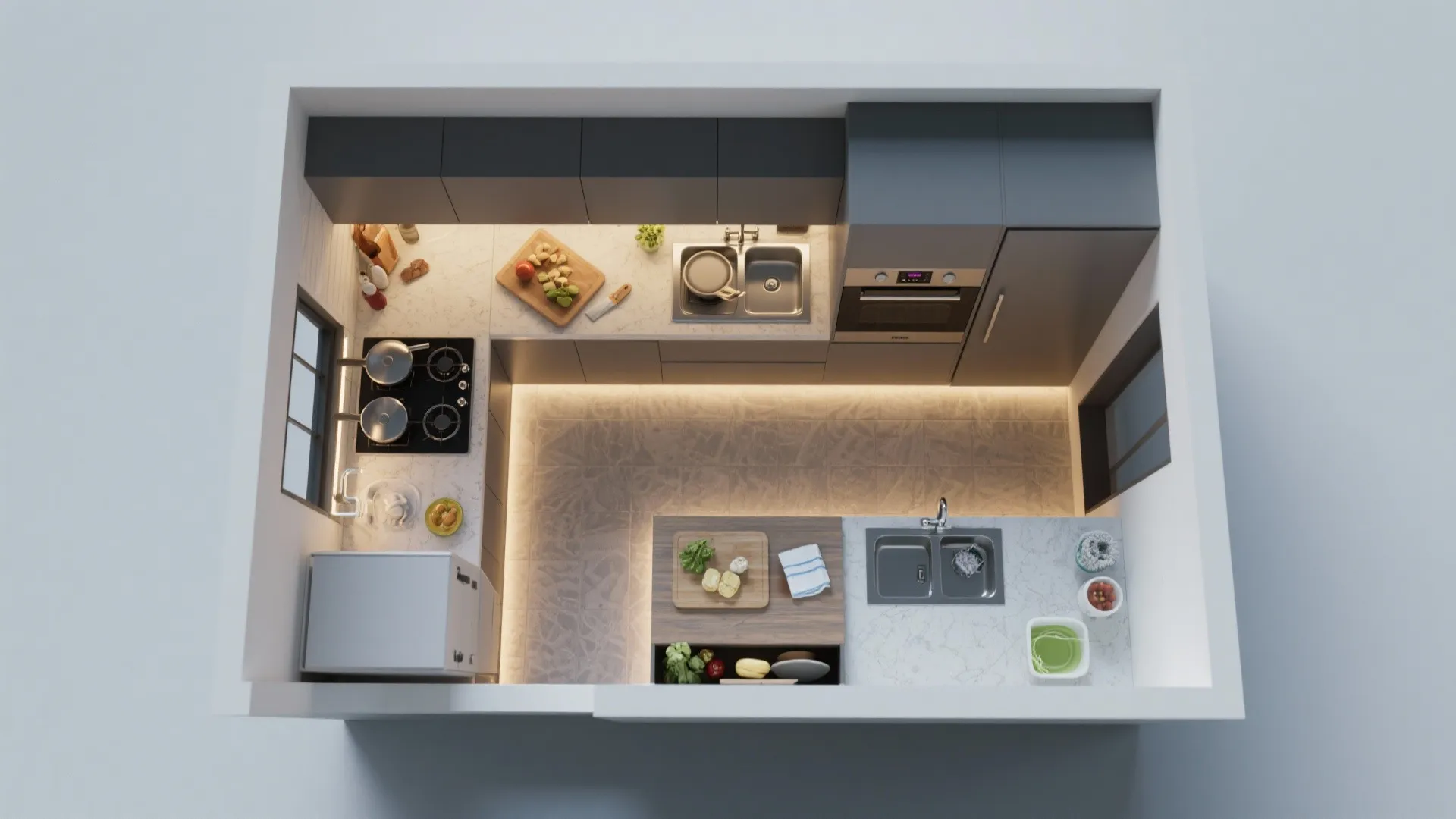 Top view interior design drawing of a modern kitchen room layout with grey cabinets furniture