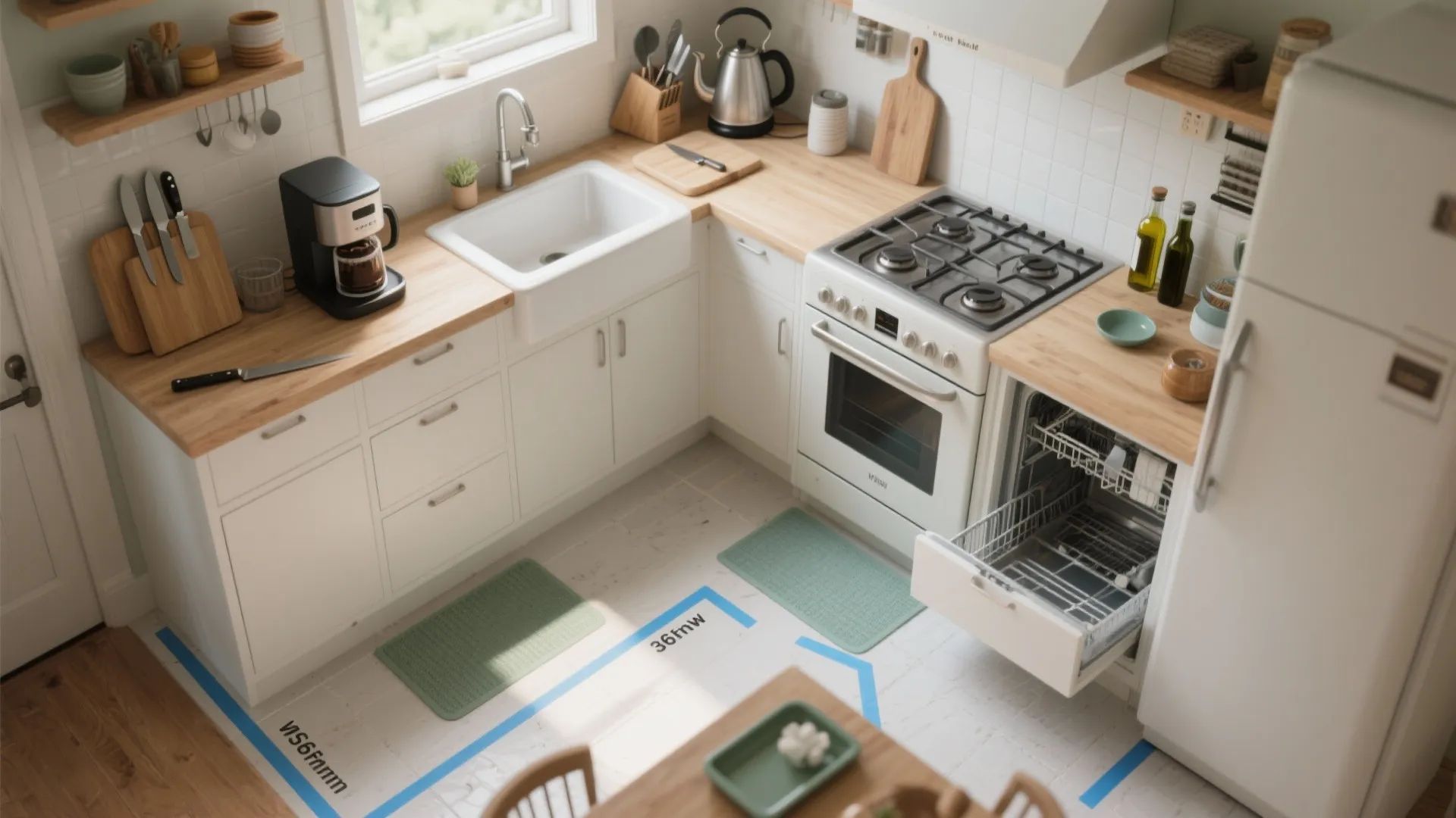 Modern white kitchen layout with wood countertops sink stove open dishwasher and blue floor markings