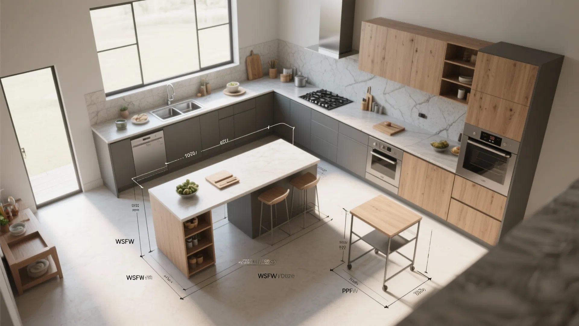 Modern kitchen interior design drawing showing room layout with island and dimensions for various zones