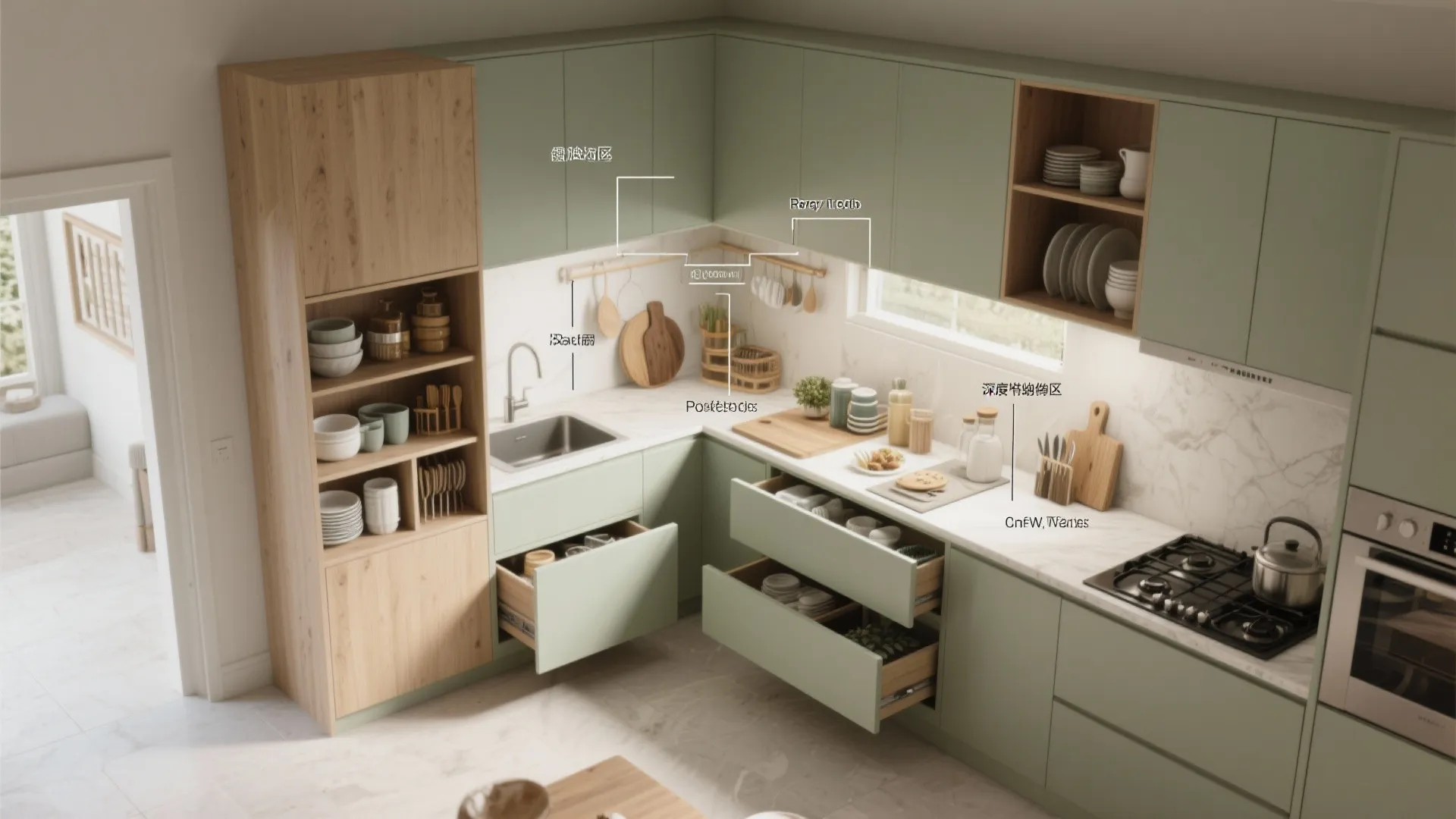 Modern green kitchen layout with wood cabinets sink stove and labels showing different storage areas