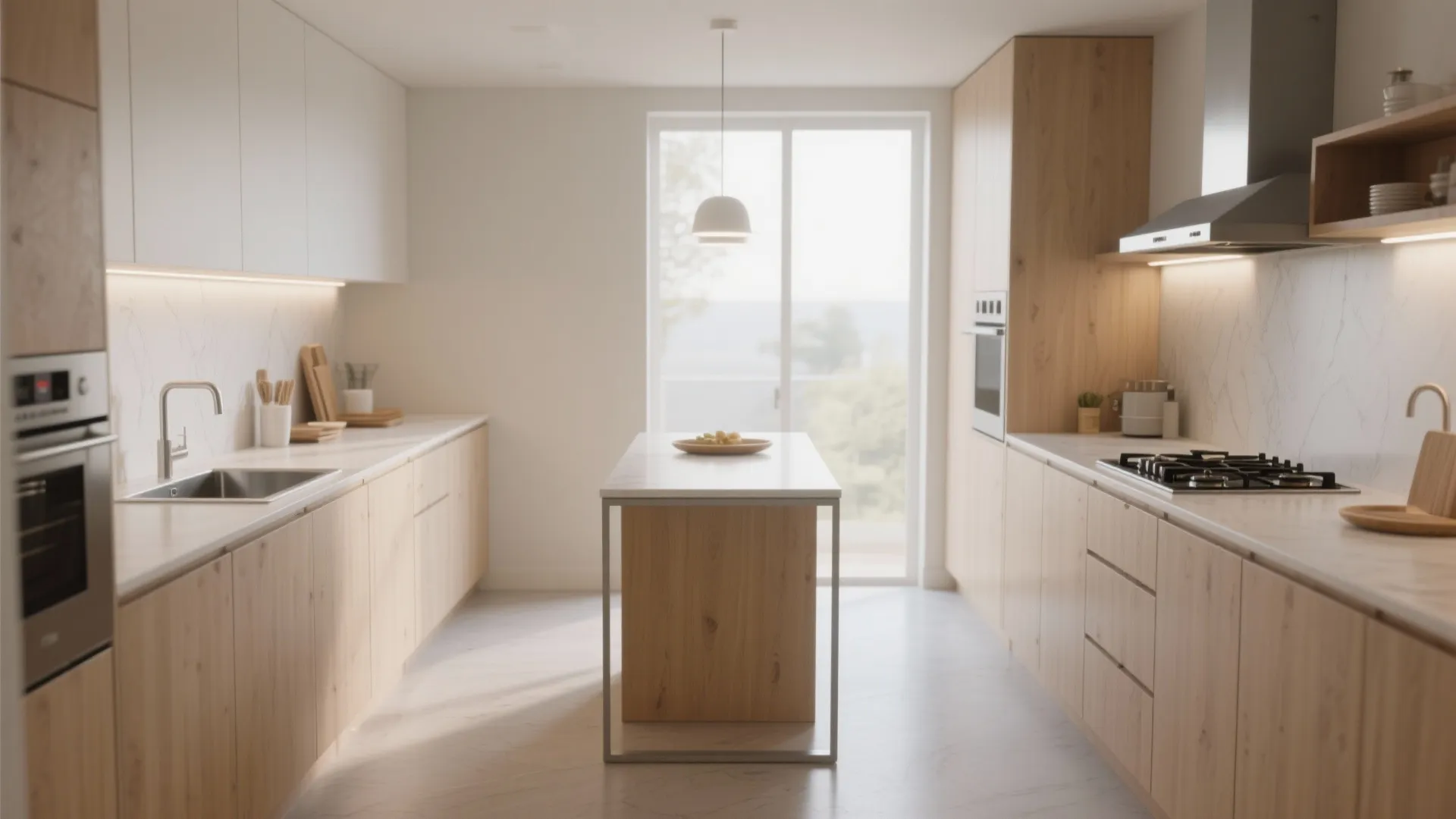 Modern minimal kitchen with light wood cabinets marble countertops island sink and white ceiling light