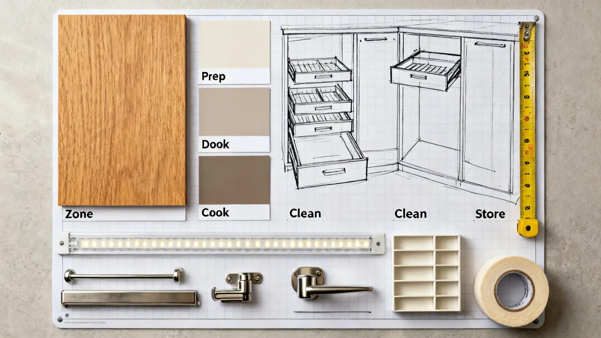 Flat lay of materials and hardware with labeled prep, cook, clean, store zones for cabinet planning.