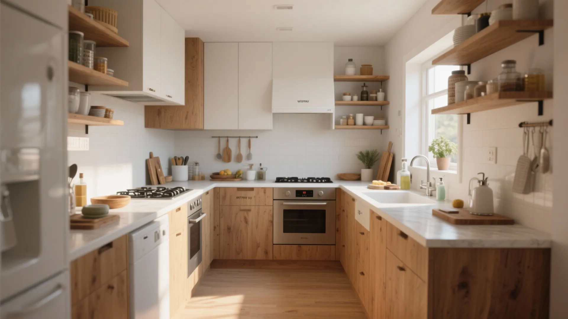 Modern kitchen with wooden cabinets white countertops open wooden shelves and a large bright window