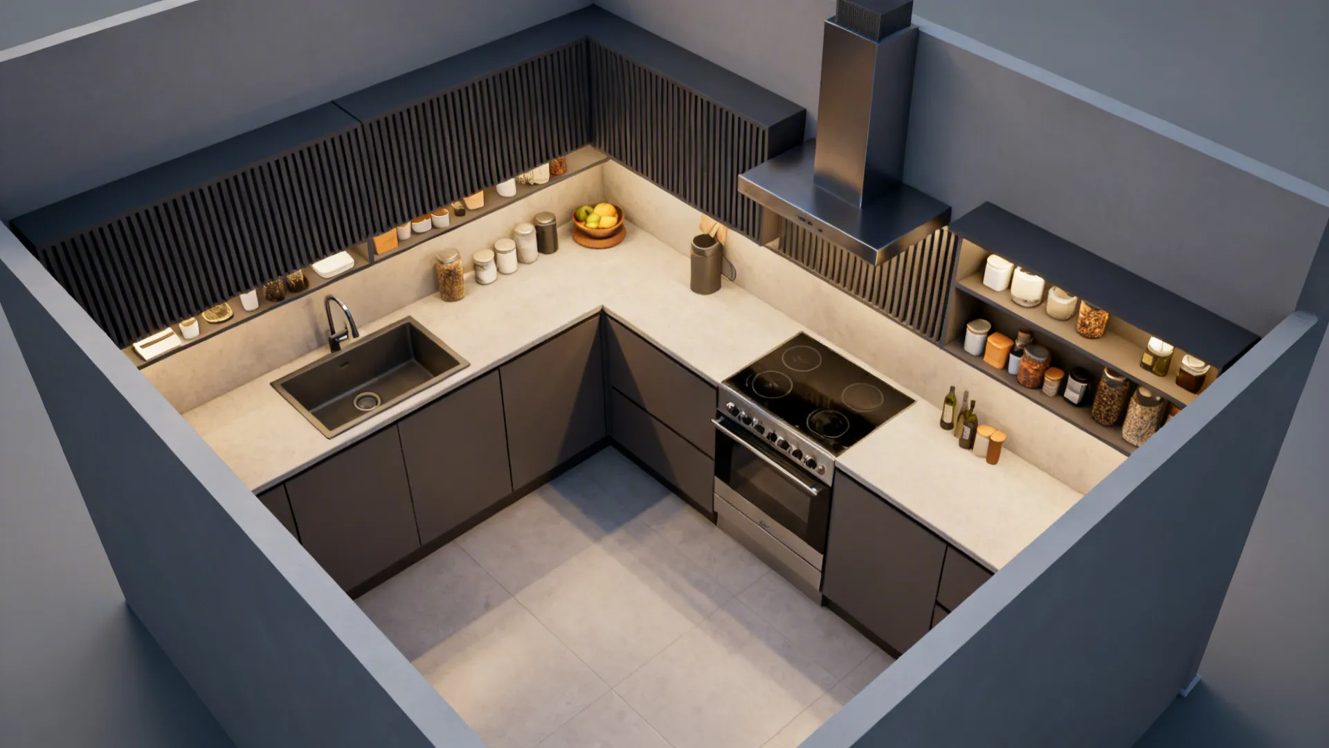 Interior design drawing showing U-shaped kitchen with grey cabinets black sink stove and wall shelves