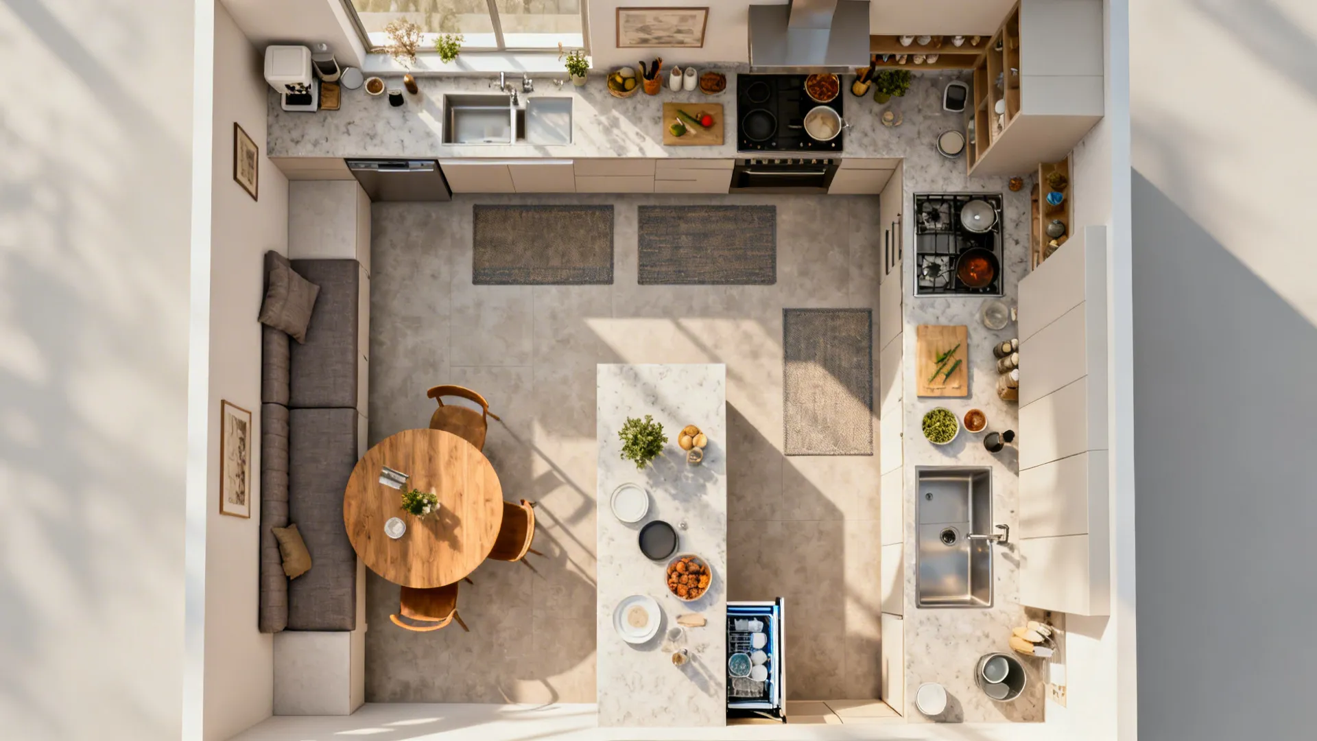 Top-down view showing dining placed outside kitchen work zones with clear paths to appliances.