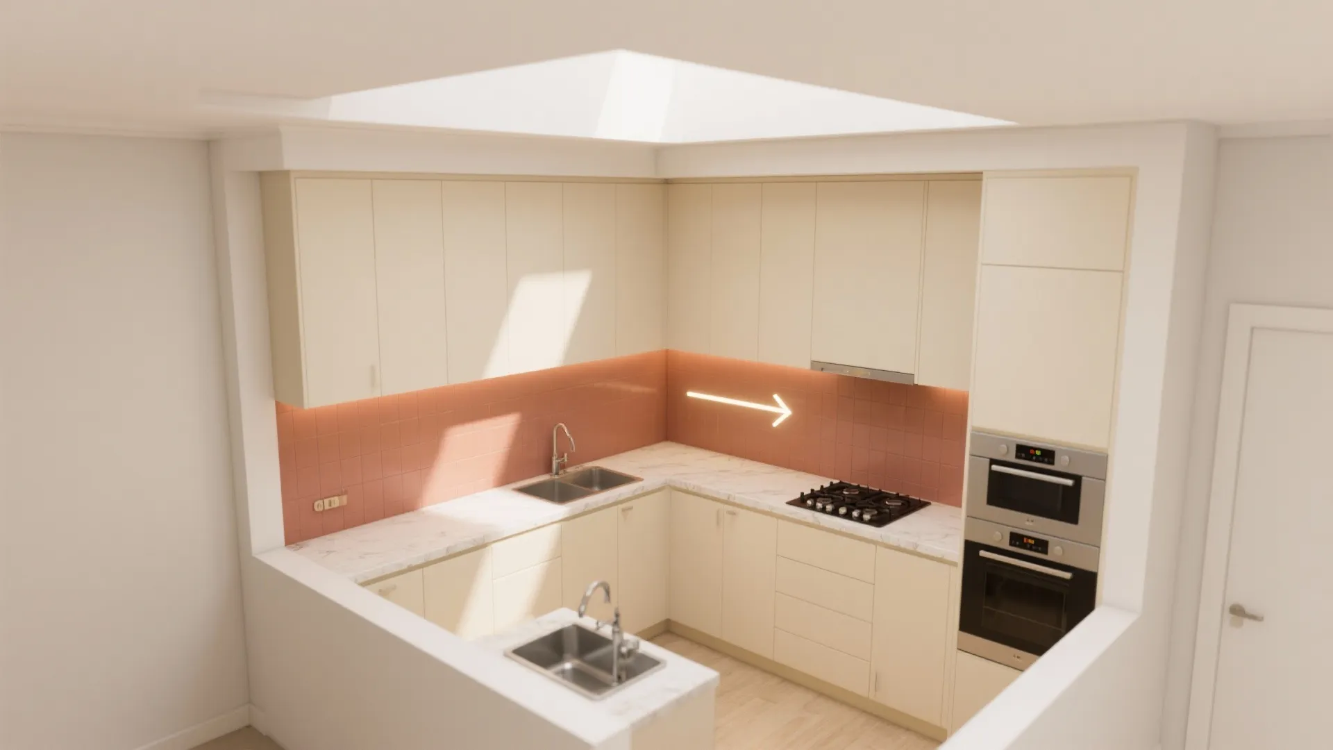Modern cream kitchen with marble countertop pink tile wall wooden floor and white ceiling light
