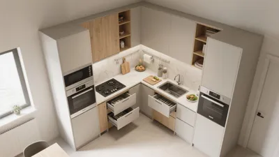 Modern L-Shaped Kitchen with Wood Accent Cabinets