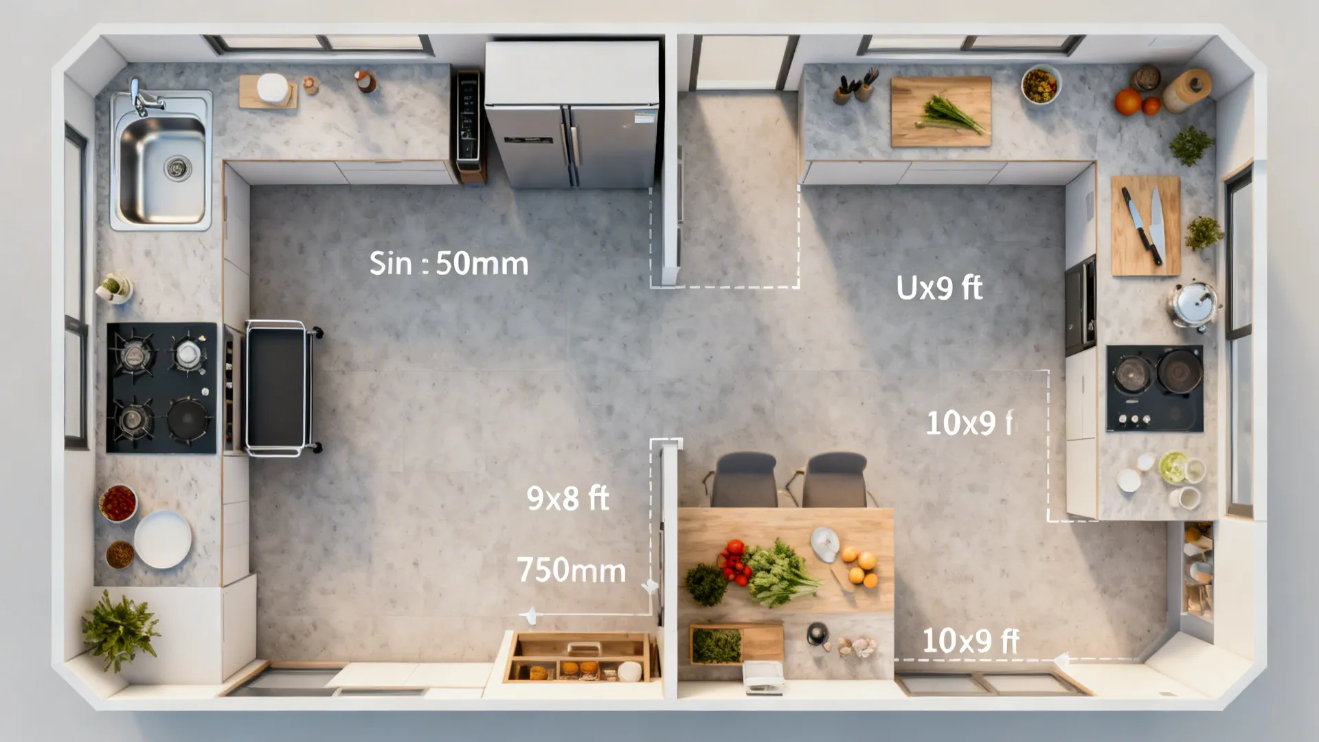 Top-down render showing L-shaped and U-shaped modular kitchen zones and circulation.