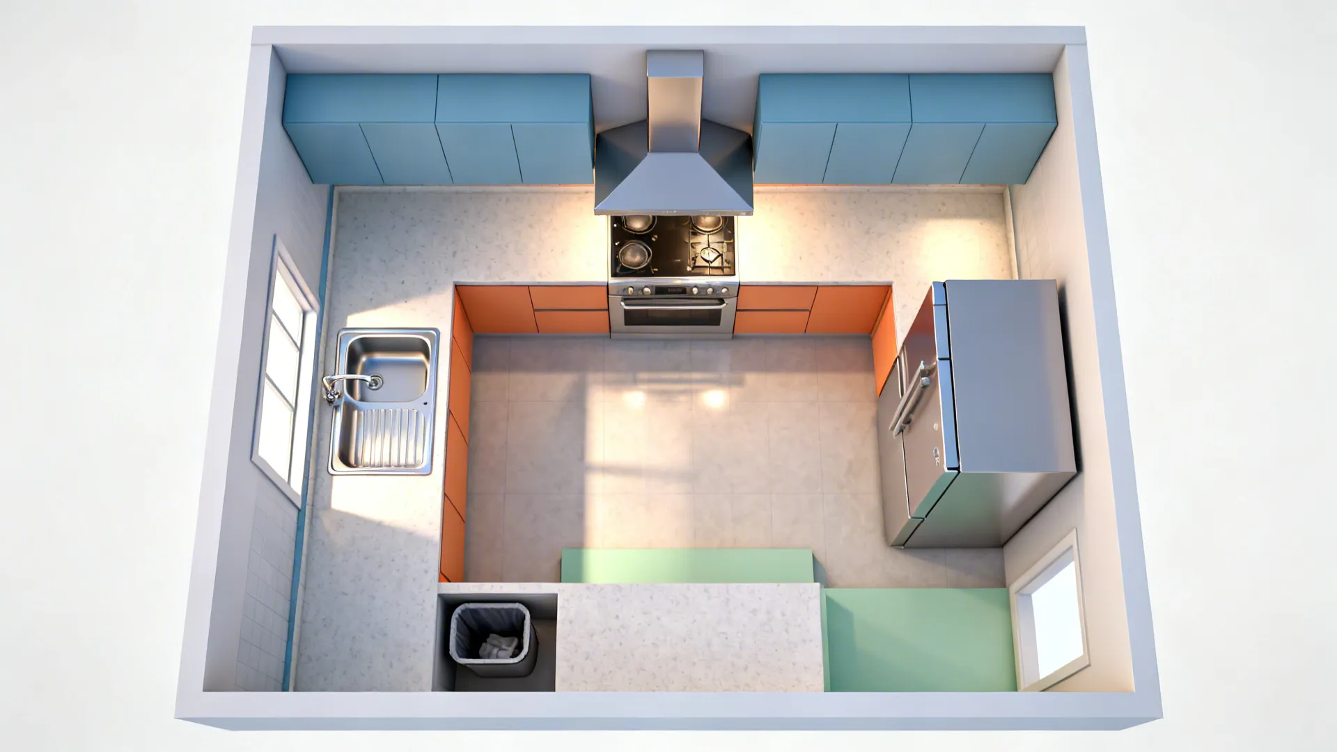 Top-down view of a compact kitchen showing prep, cook, and landing zones clearly separated.