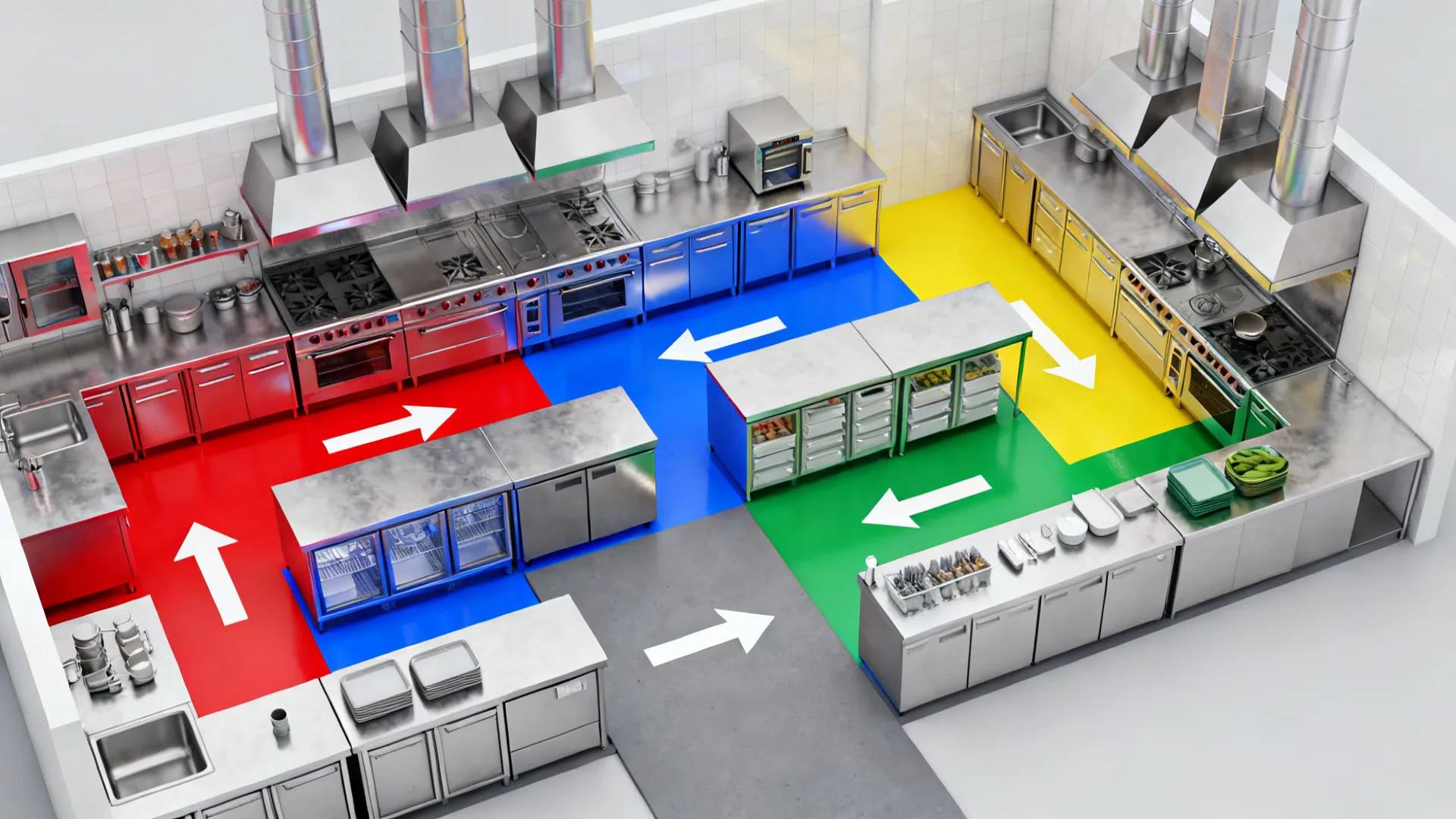 Top-down view mapping hot, cold, pastry, and dish zones with clear flow.