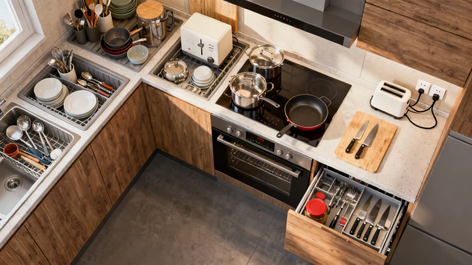 Top-down kitchen layout highlighting appliance garage and storage zones