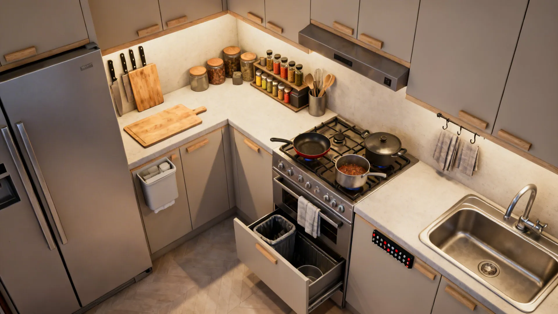 Top-down view of a compact kitchen showing organized prep, cook, clean, and stow zones.