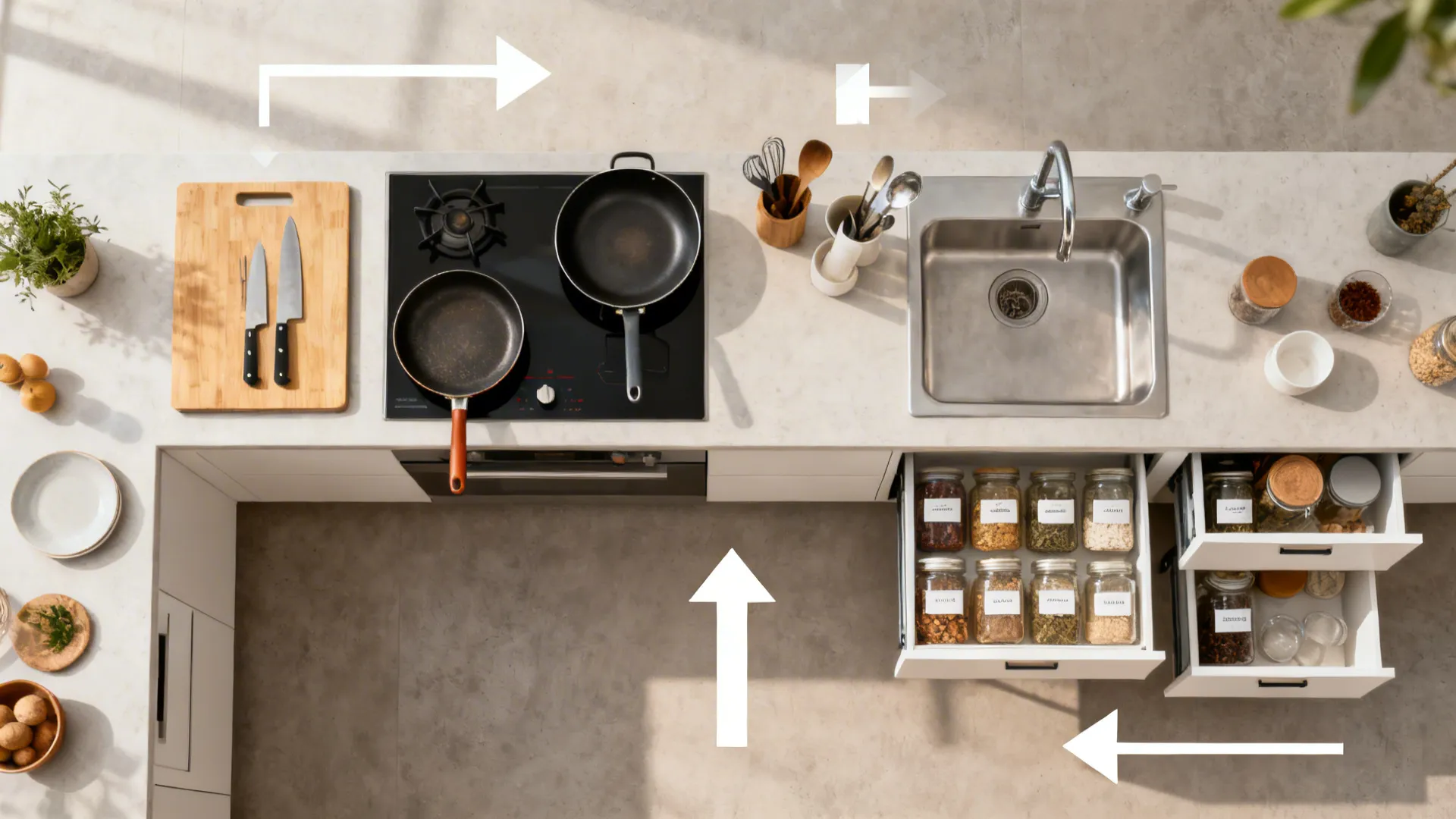 Top-down view illustrating prep, cook, clean, and storage zones in a small kitchen.