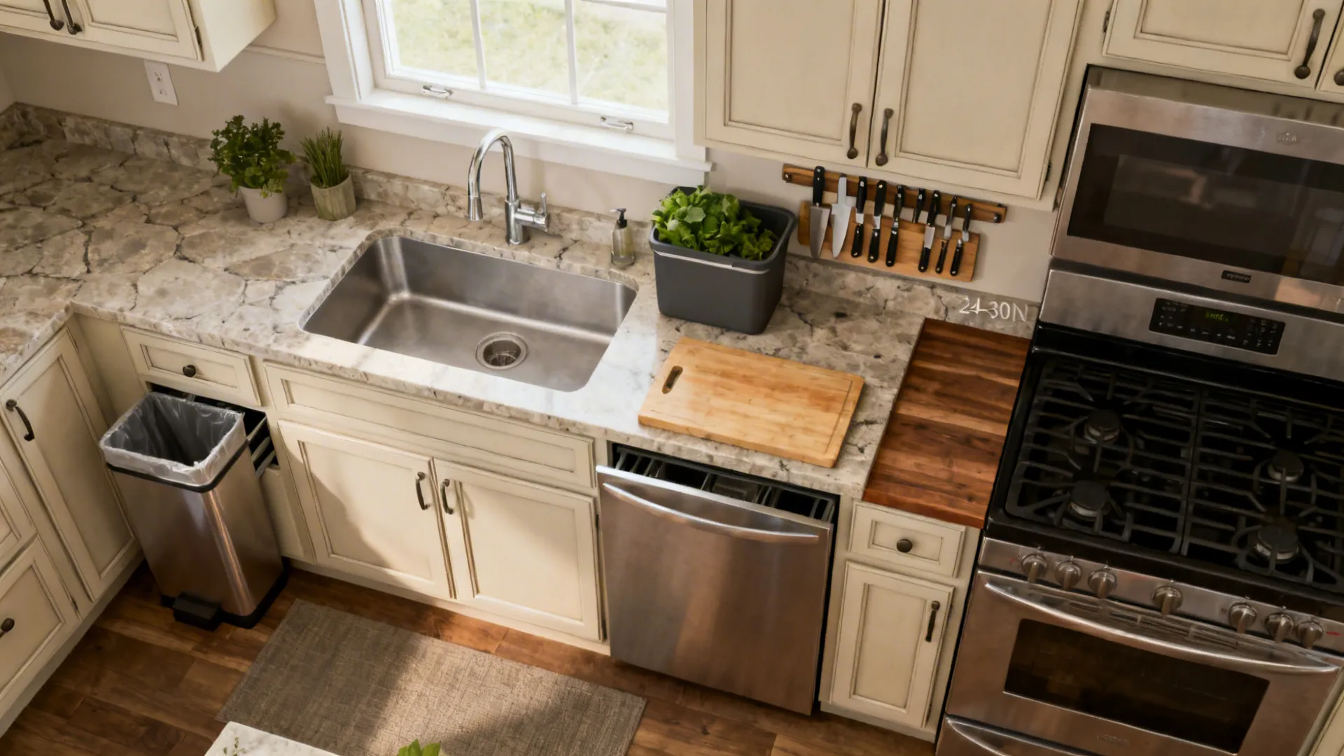 Cream kitchen counter with sink stove dishwasher marble countertop wood cutting board and wall knives