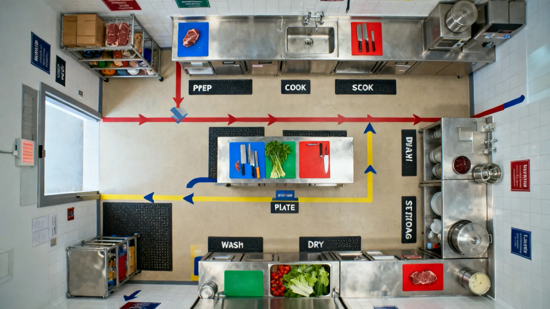 Top-down view of a small hotel kitchen with taped floor zones for prep, cook, plate, wash, and storage.