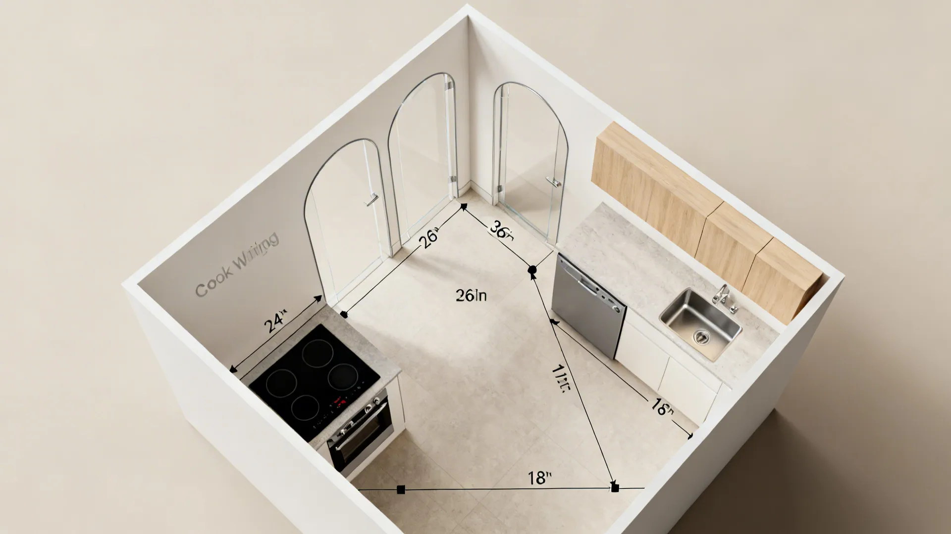 Top-down view of compact kitchen zones with clear work triangle and door swings.