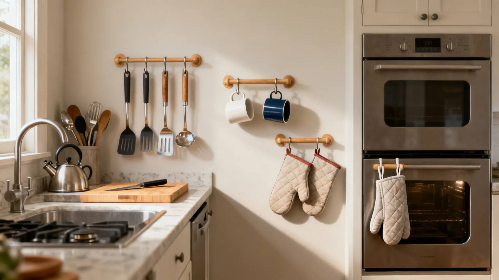Compact kitchenette showing hooks grouped by prep, coffee, and cooking zones.
