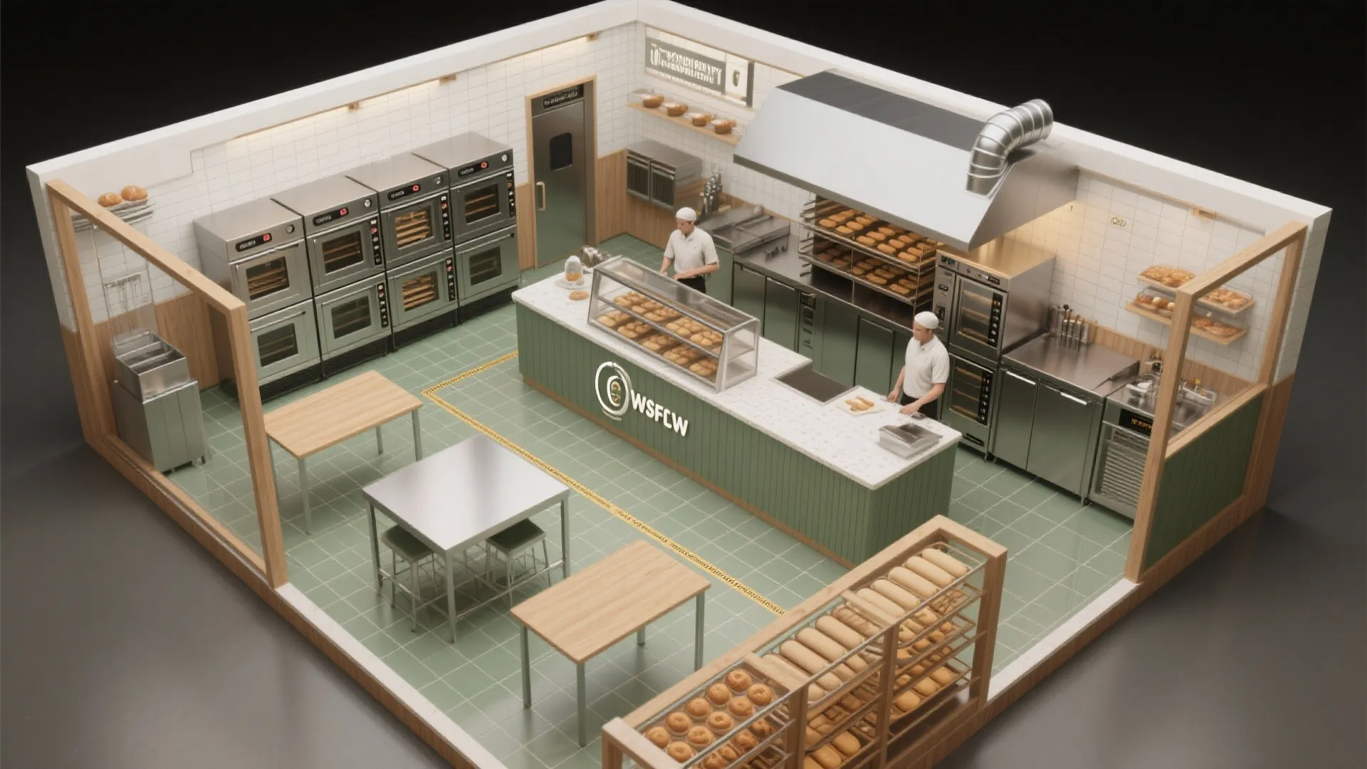 Isometric bakery kitchen interior design drawing with professional ovens green counters and wooden display shelves