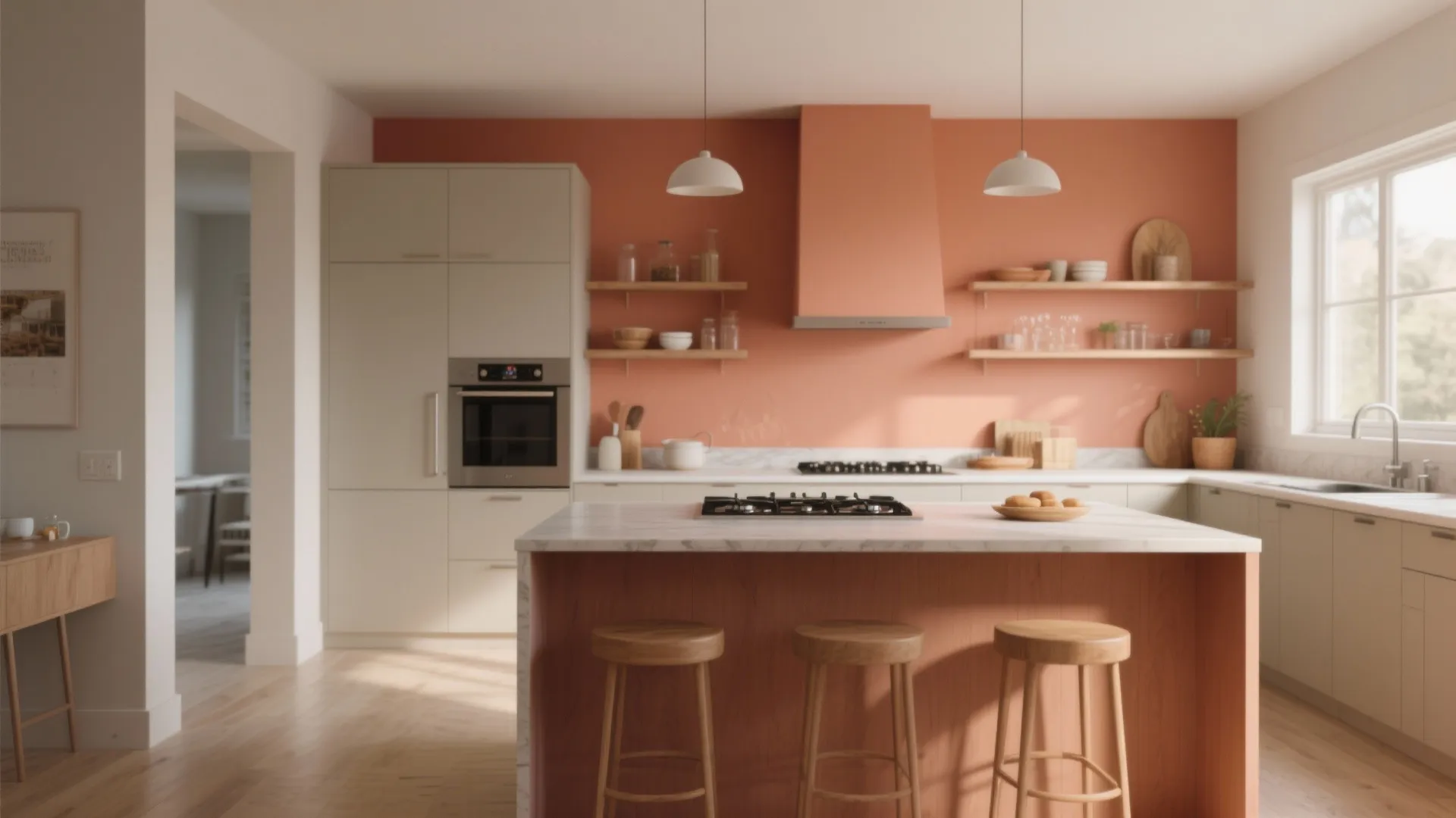 Modern kitchen with terracotta accent wall white cabinets marble island wooden bar stools and ceiling lights