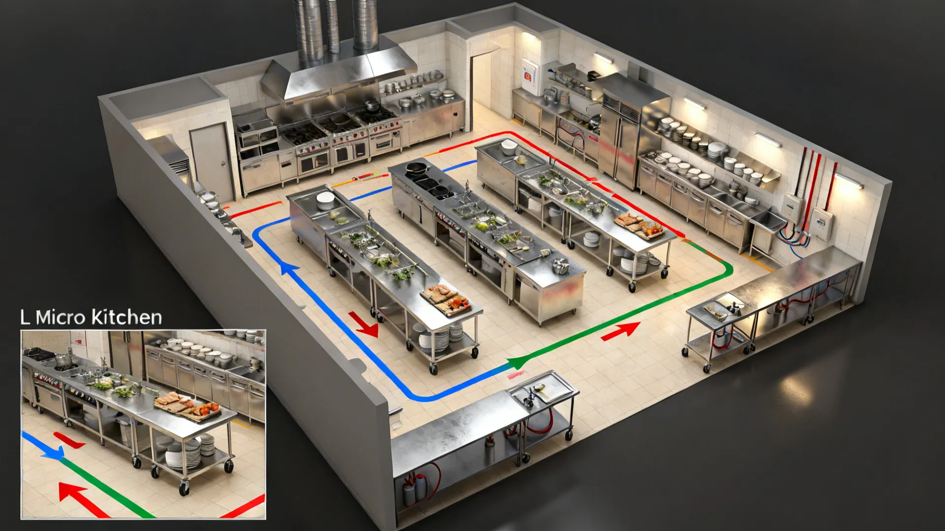 Top-down hotel kitchen plan showing zoned prep, cook, pass, and dish return runways.