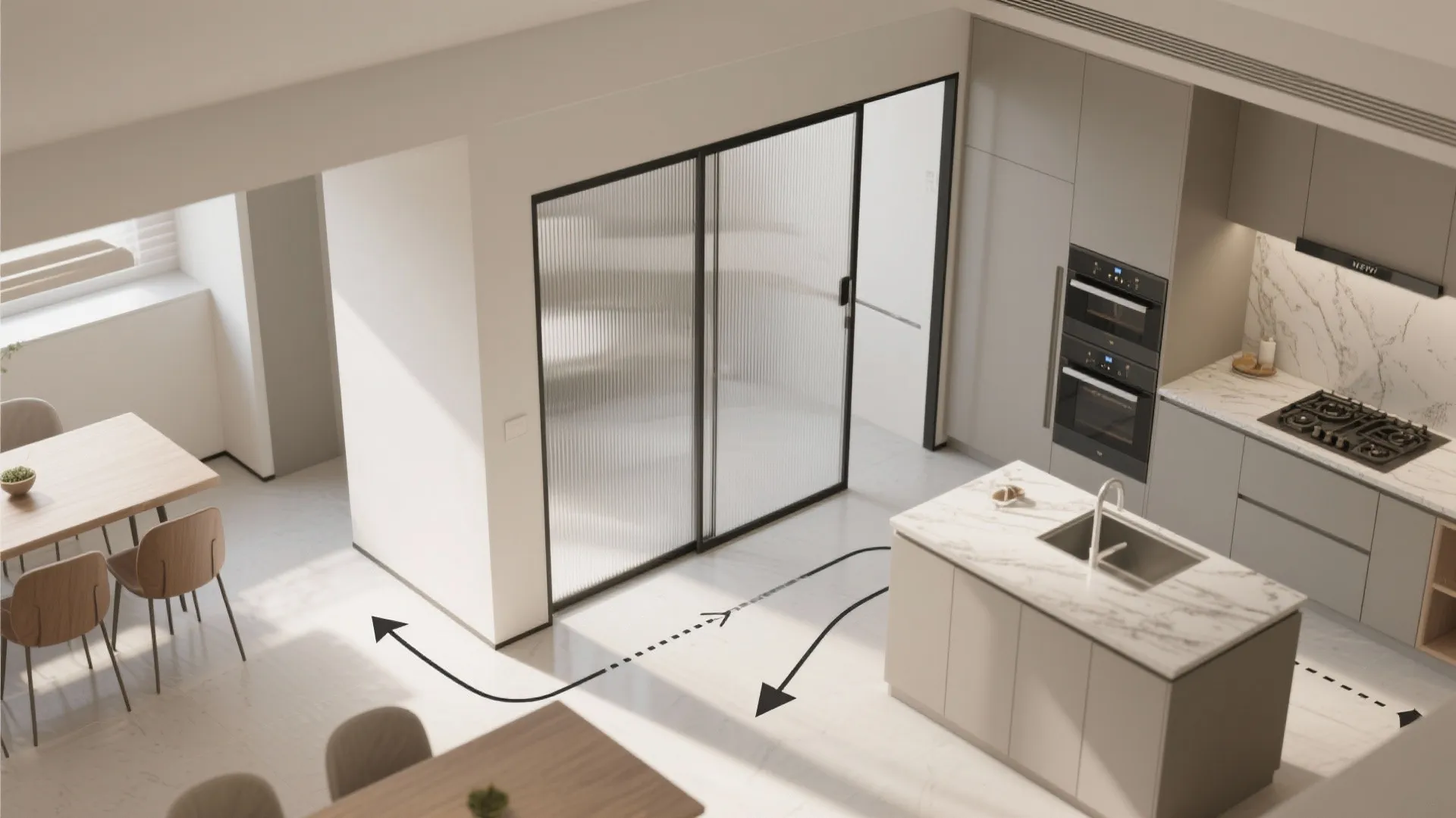 Glass-Linked Kitchen for Light and Zoning