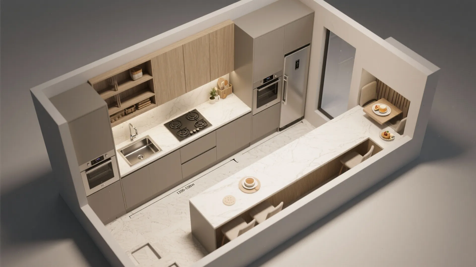 Modern kitchen interior design drawing with wood cabinets marble countertops sink stove oven and breakfast bar