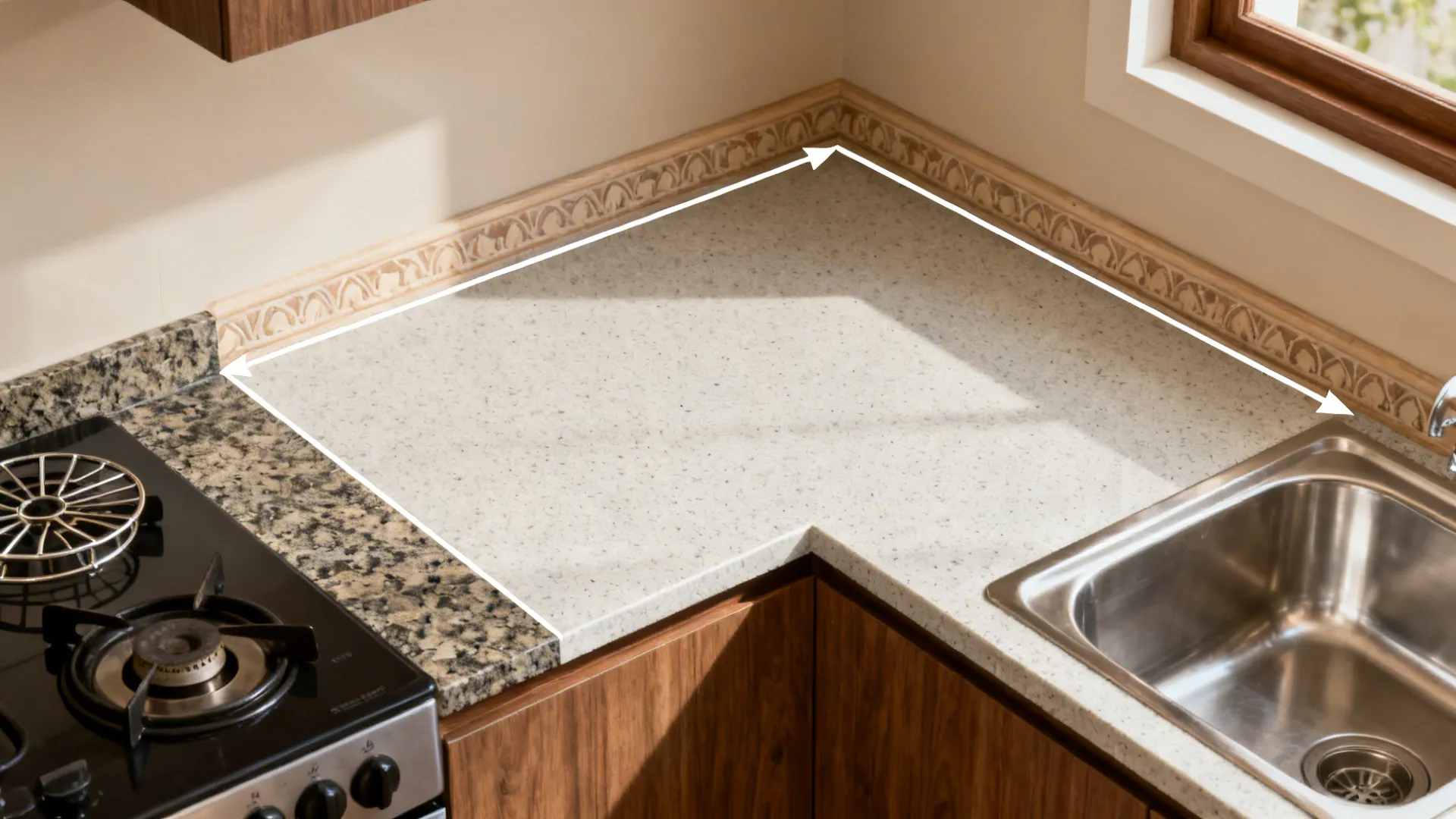 Kitchen corner layout showing white countertop area marked with white lines for planning and design
