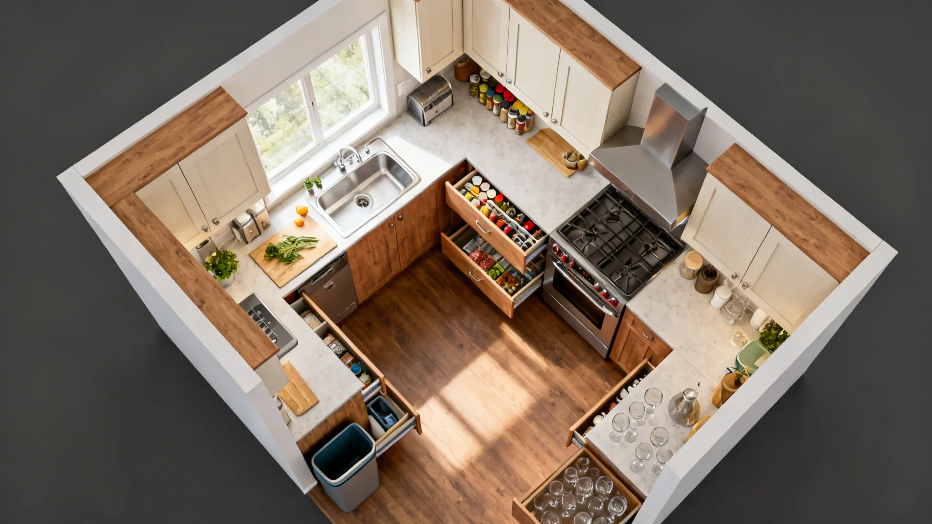 Zone-Based Storage in an L-Shape or Galley