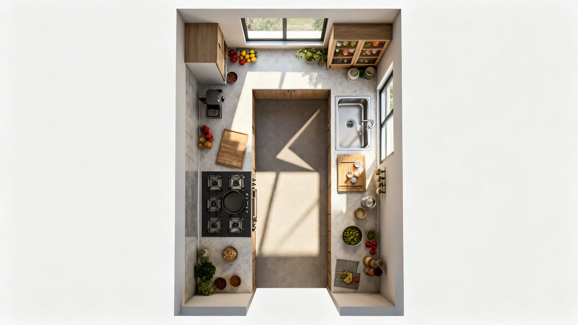Top-down view mapping L-shaped work triangle and pantry tower in a small kitchen.