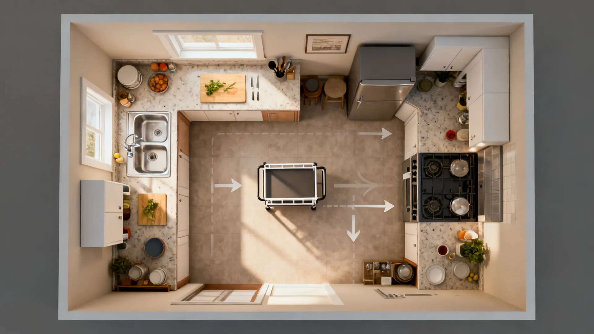 Top-down view of small kitchen zones with movable cart and clear walking aisle.