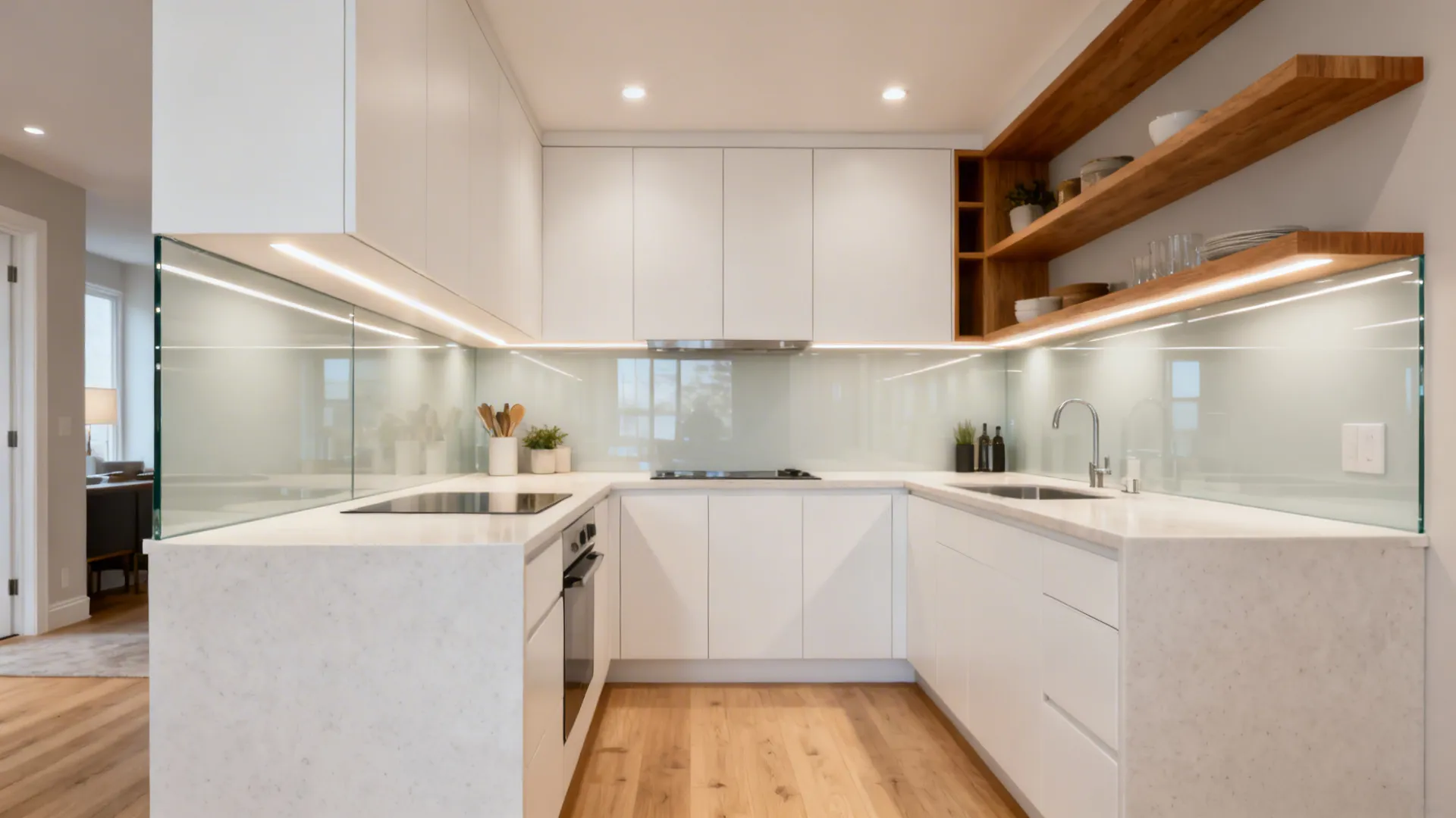 Unified compact kitchen with L-shape, minimalist white cabinets, glass backsplash, warm wood accents, and layered lighting.