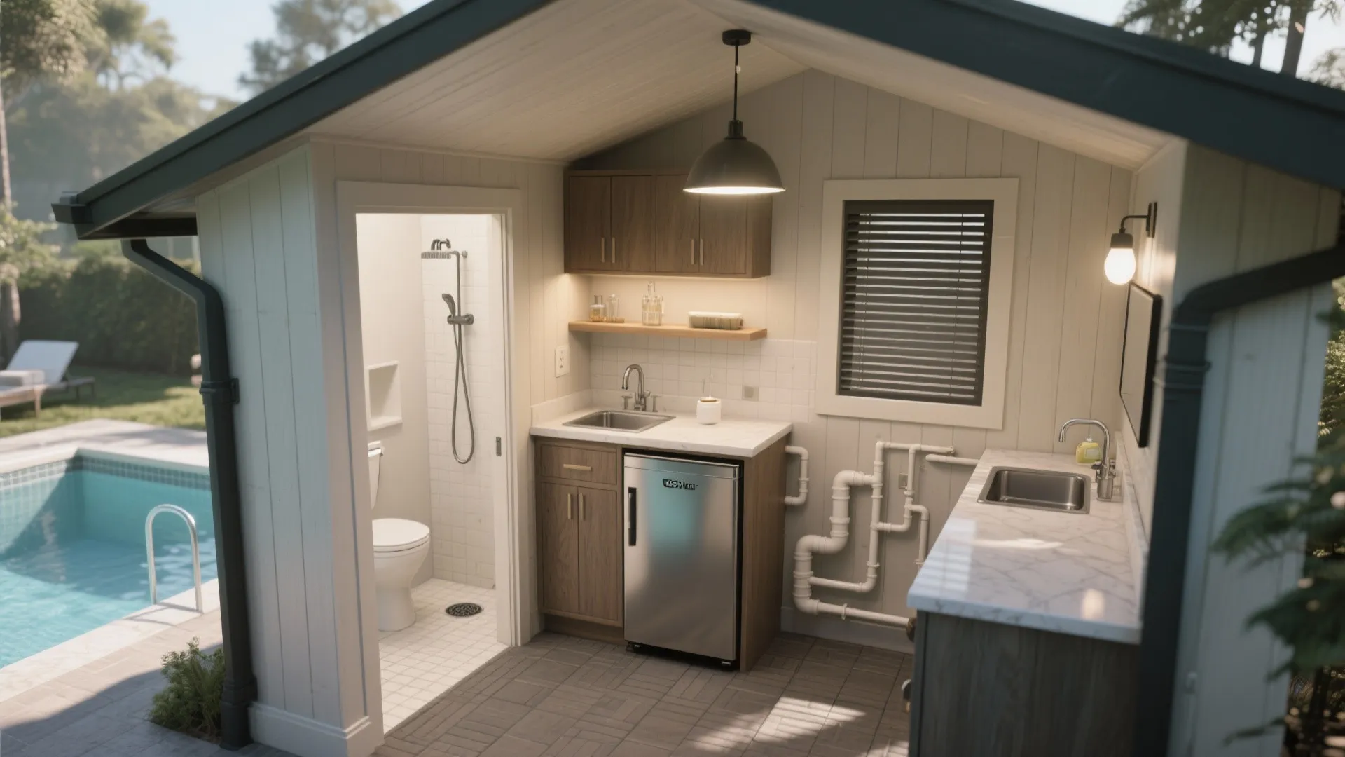 5. Combine a mini-bar/kitchenette and bathroom for guest comfort