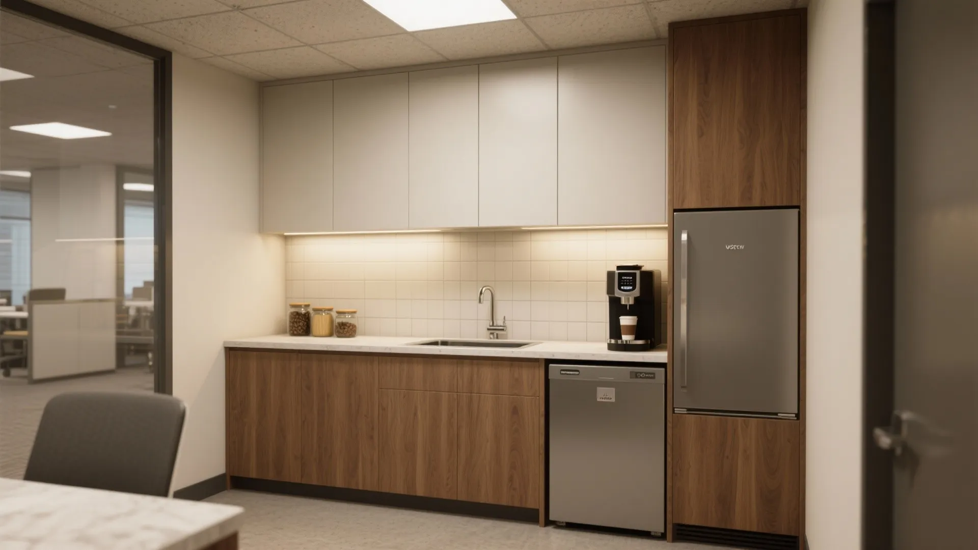 Office kitchen with wood cabinets, white upper cupboards, coffee machine, fridge, sink, and under-cabinet lighting