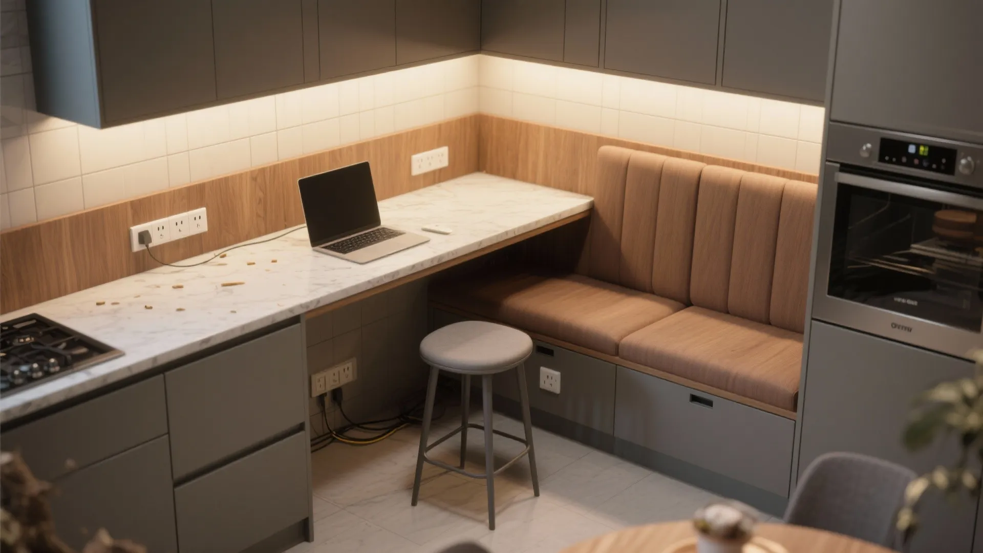 Small kitchen workspace with marble desk laptop stool brown sofa seat and built in oven