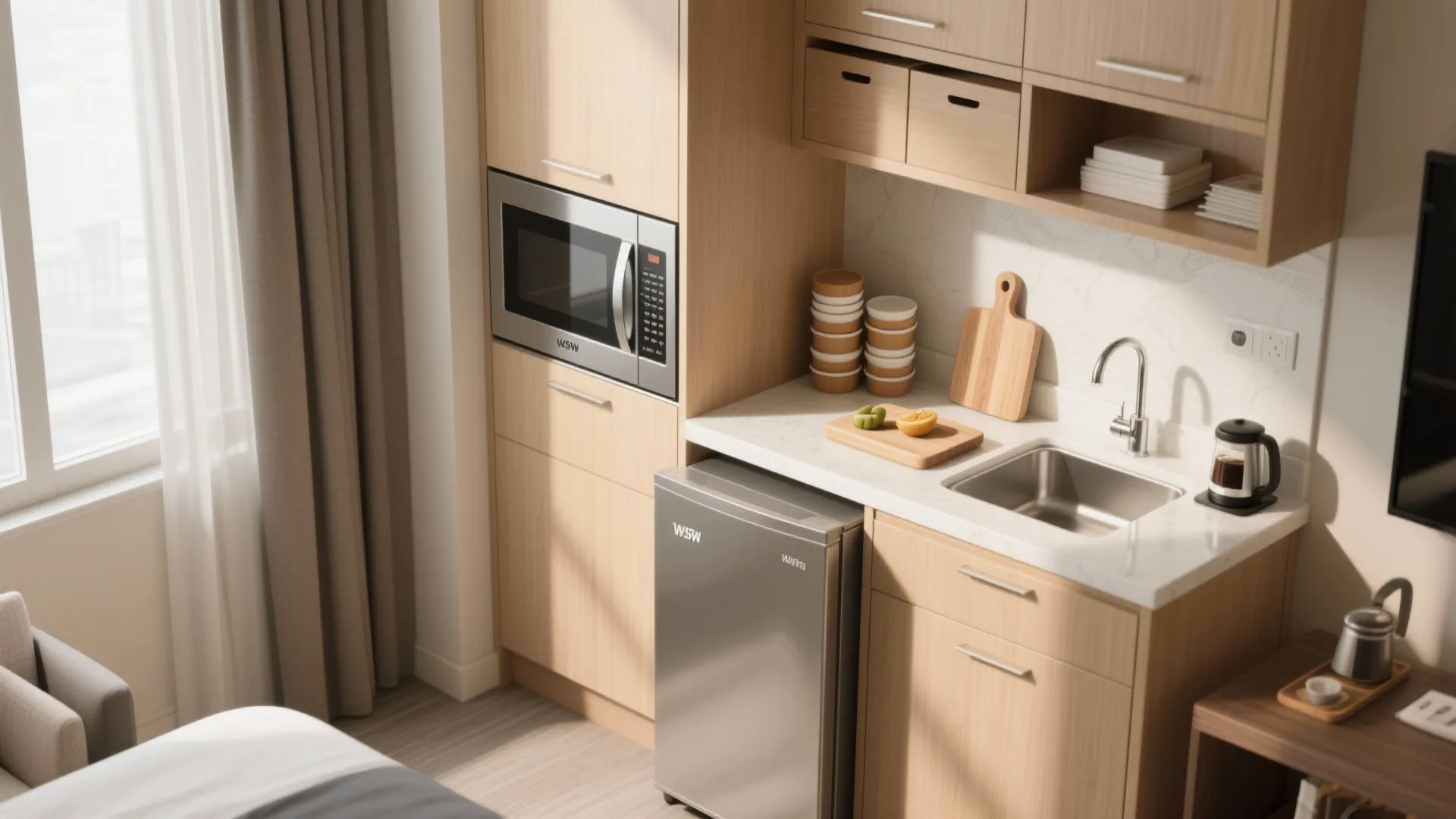 Modern small kitchenette with wooden cabinets microwave small silver fridge sink and light stone counter top