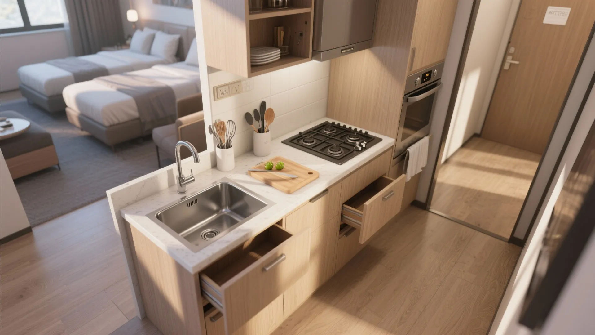 Compact kitchenette flatlay with collapsible utensils and space-saving cutting board