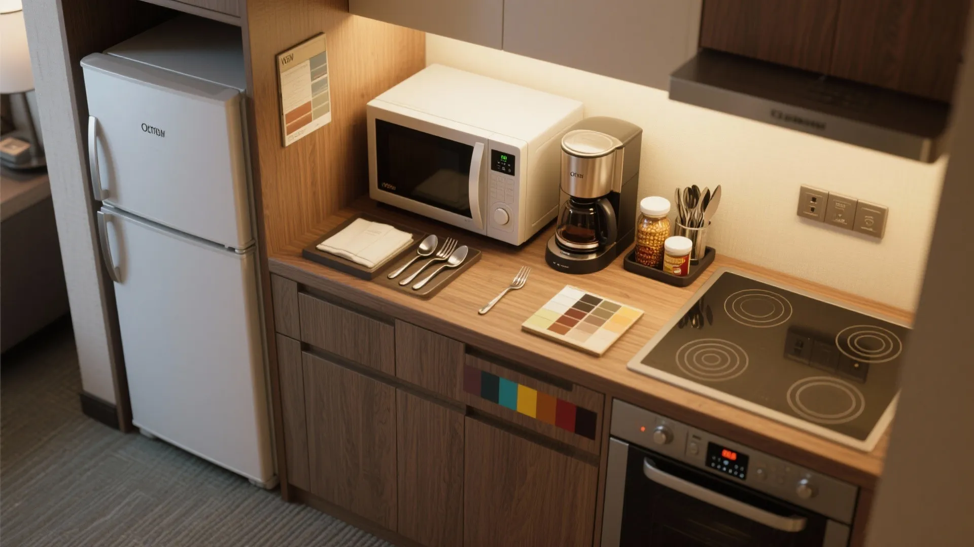 Top-down view of kitchenette items in a hotel suite, including microwave and fridge.