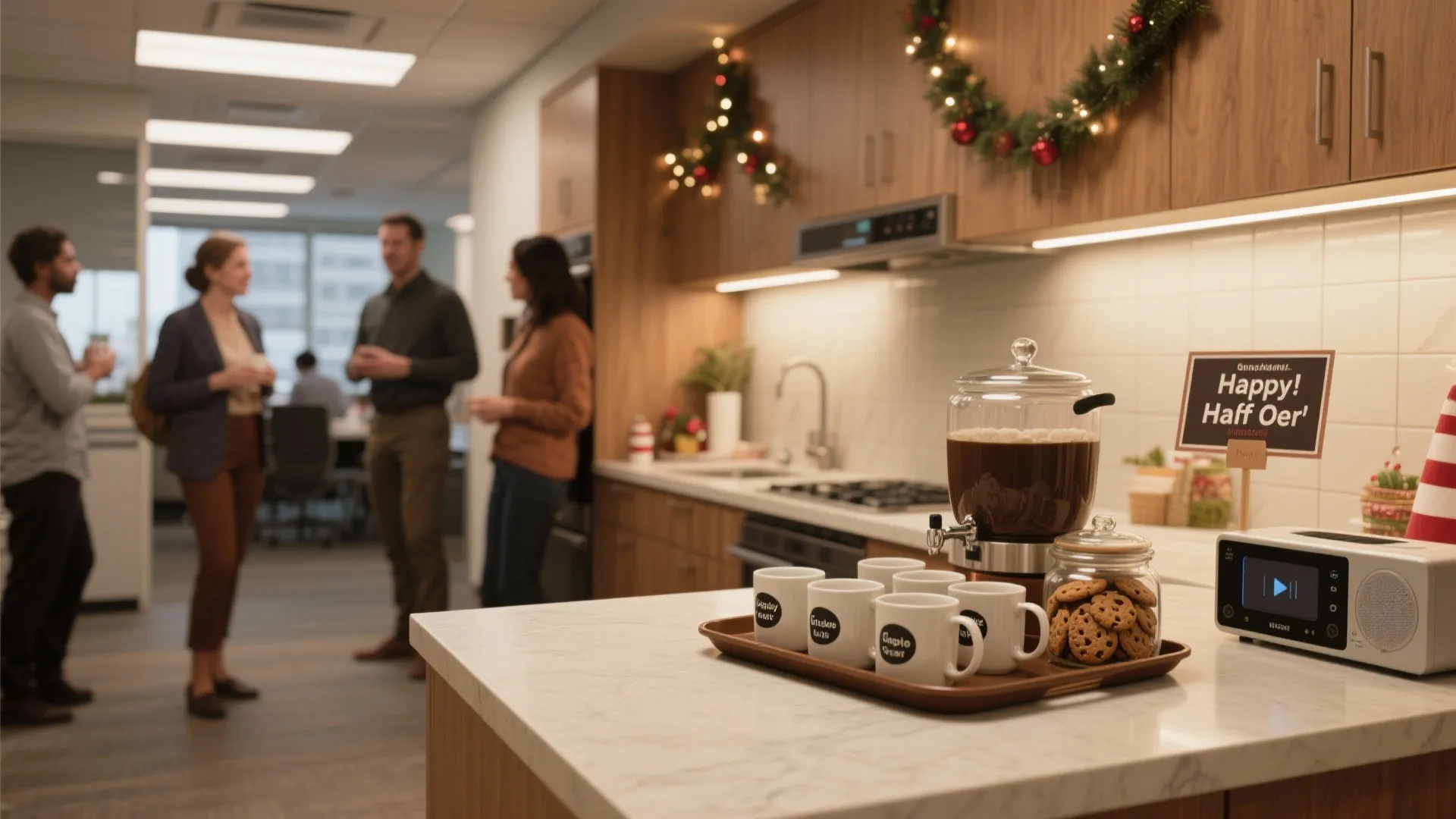 Modern office kitchen counter with coffee mugs and cookies during a Christmas holiday office party