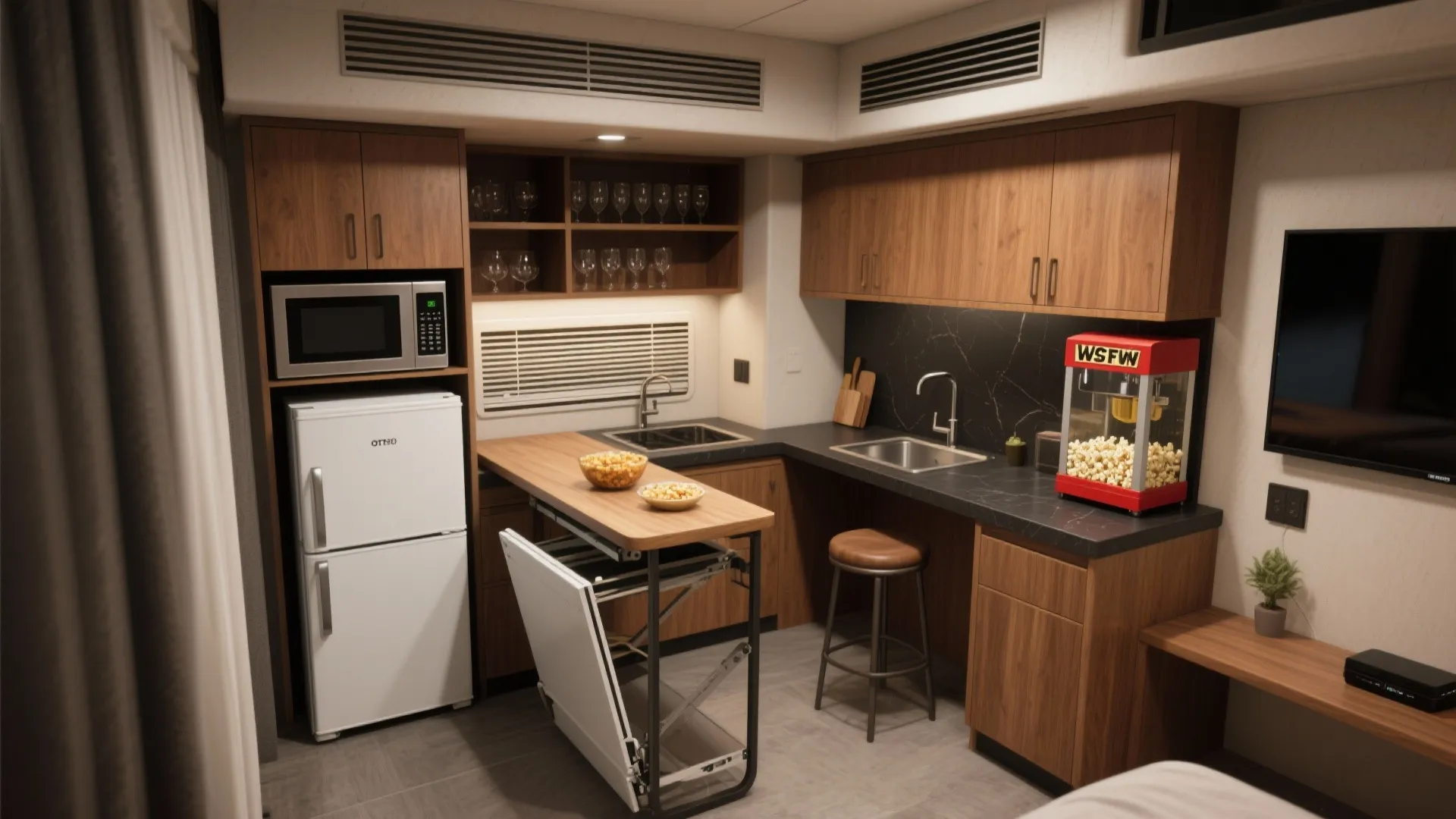 Compact wooden kitchen area with white fridge microwave sink and a folding table for snacks