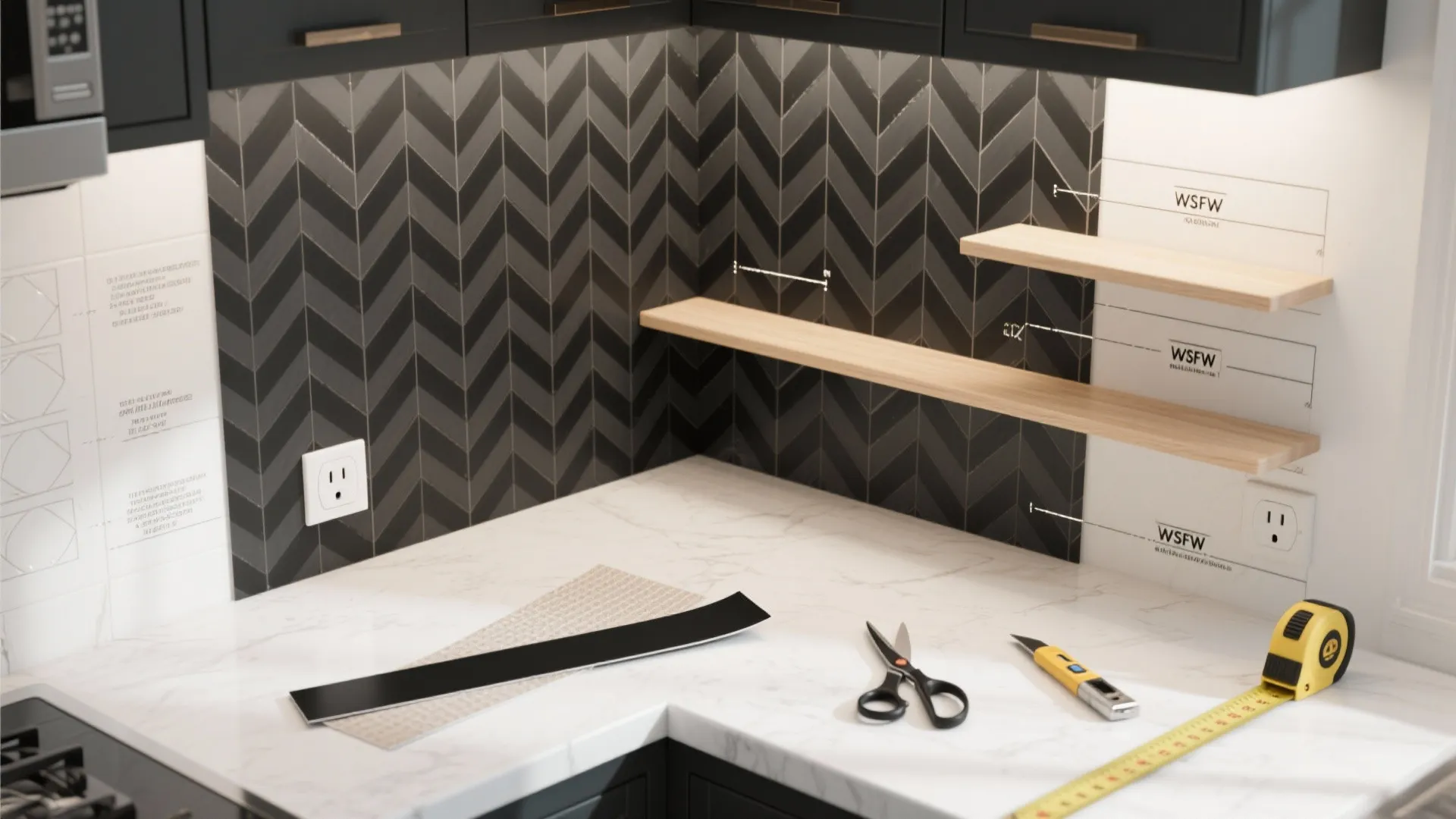 5) Black herringbone in the kitchenette niche