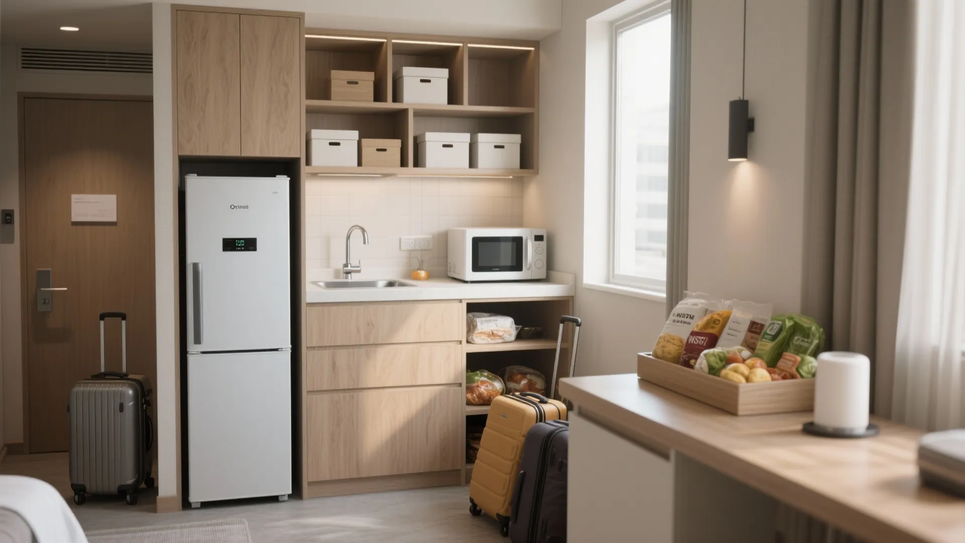 Compact kitchenette with mini-fridge, microwave, shelving and luggage area showing storage solutions.