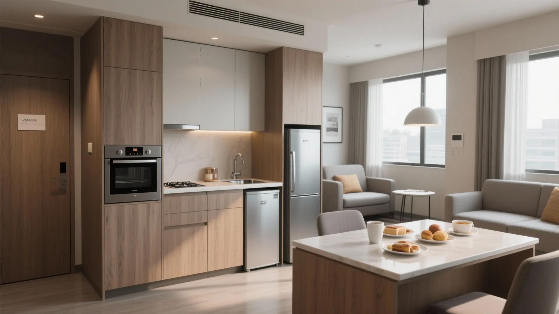 Modern studio apartment with wooden kitchen cabinets oven fridge and dining table with small breakfast meal