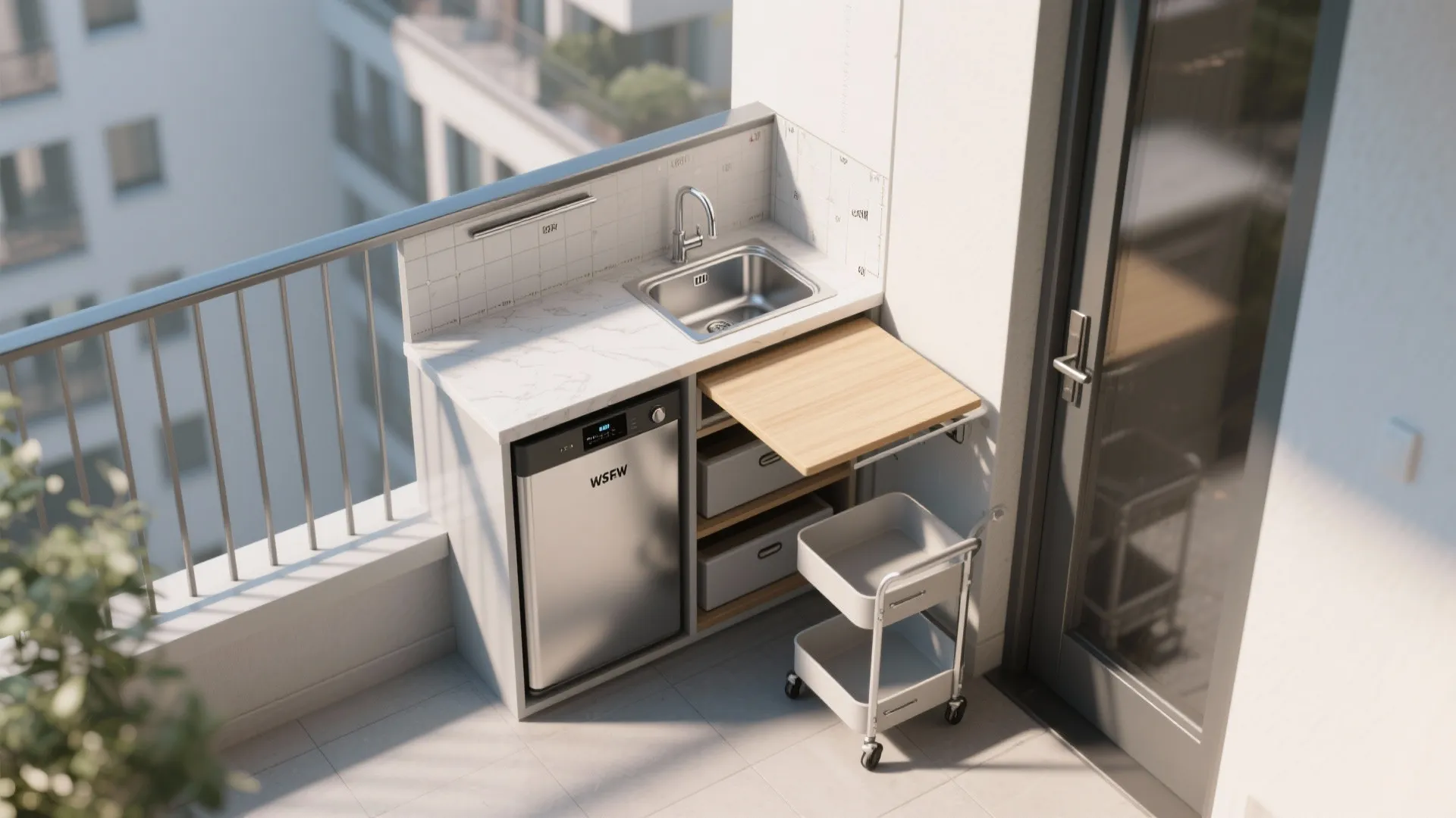 Compact balcony kitchenette with small sink marble countertop mini fridge wooden pullout table and white trolley