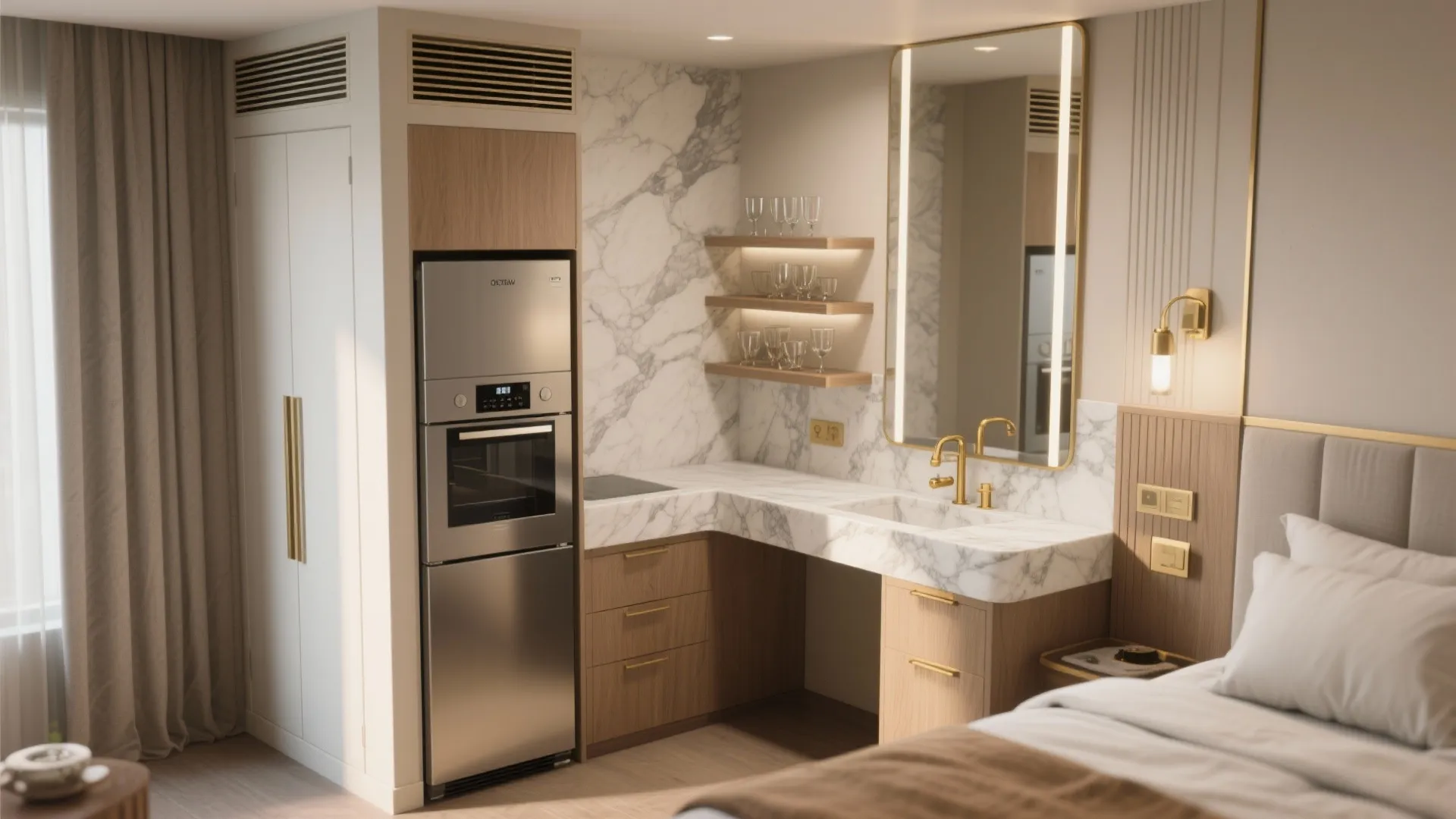 3. Introduce a petite kitchenette or vanity corner for suite-style comfort