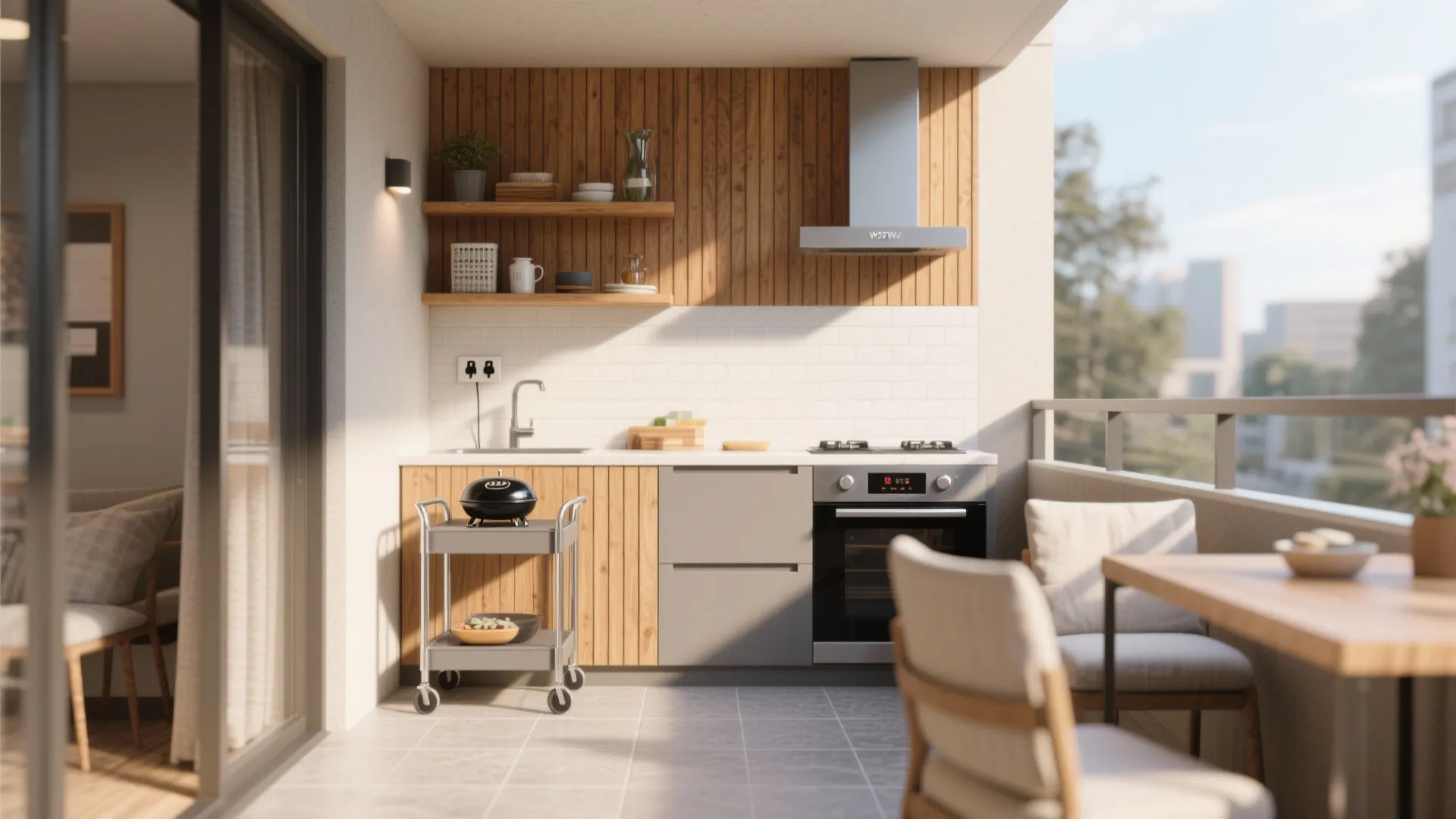 Durable materials + a micro-kitchenette vibe