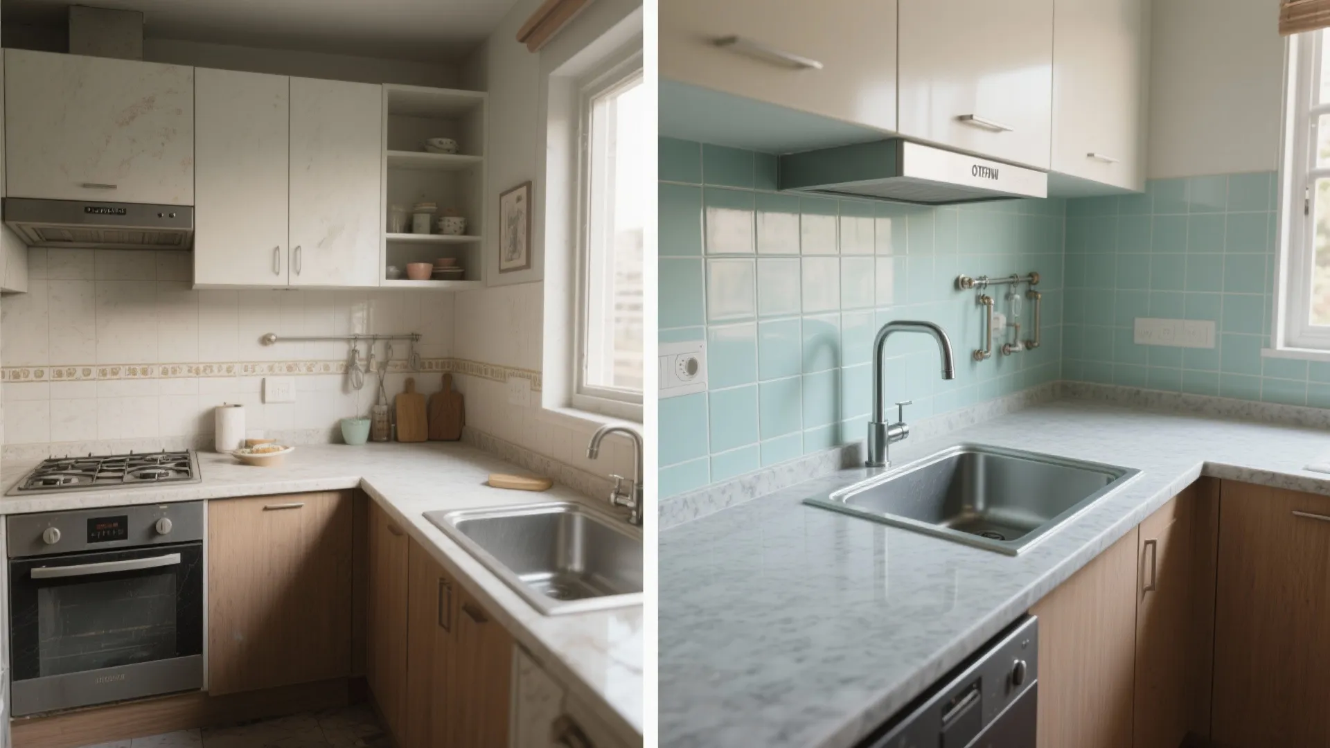 Before and after comparison of a kitchen renovation showing new blue wall tiles and marble countertop