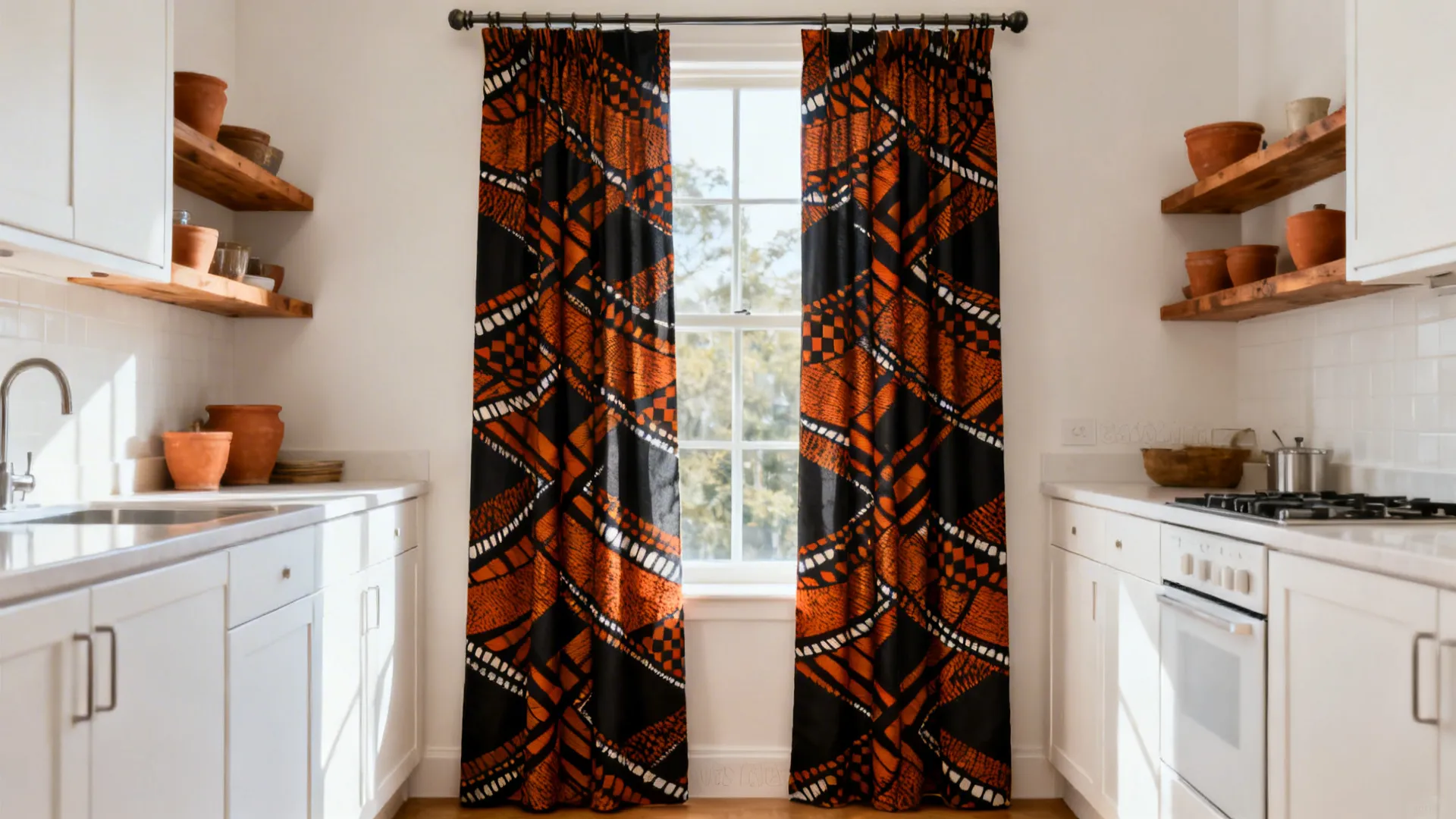 Galley kitchen with kitenge-inspired patterned cotton curtain in black and rust.