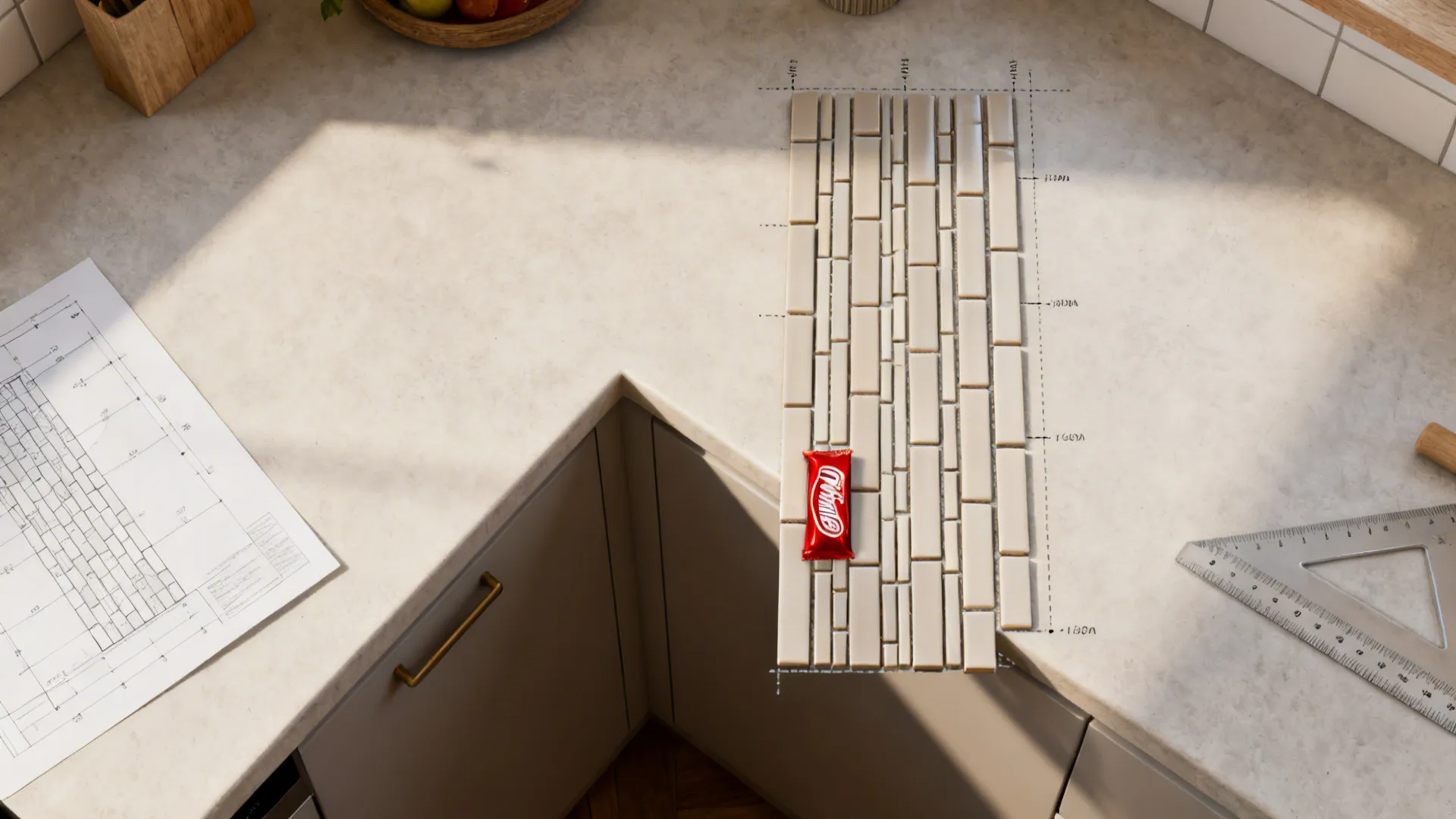 Top-down view showing vertical kit-kat tile layout planning around an L-shaped counter.